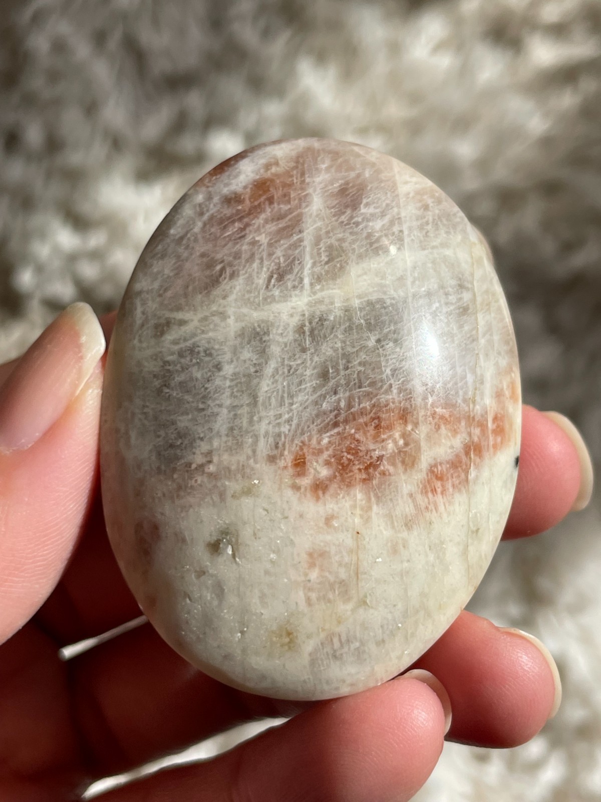 Rainbow Moonstone with Sunstone Palmstone, Medium – Light Flashes (MT)