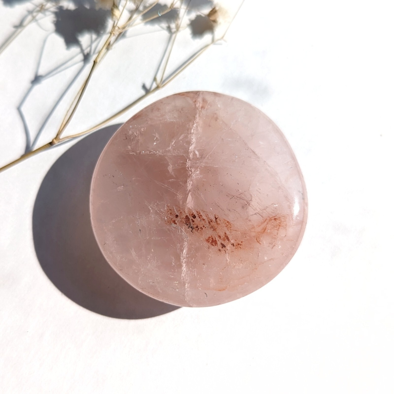 1.5″ rose quartz flat disk with iron inclusion, rose quartz crystal flat stone