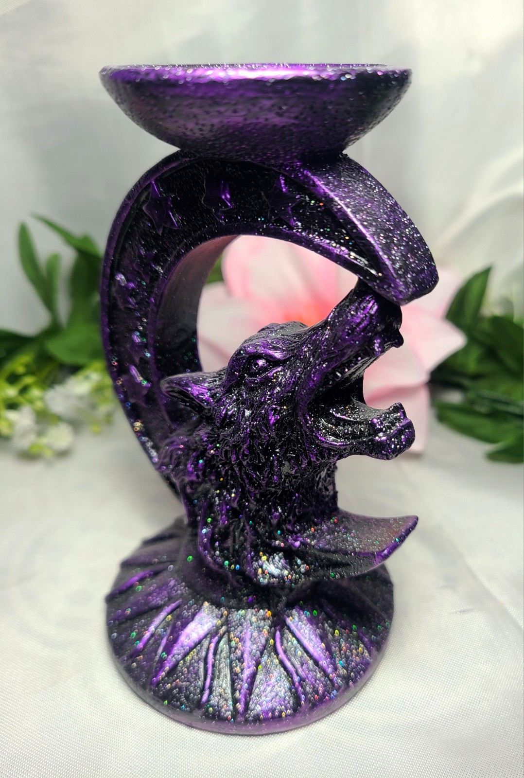 Sparkling Purple Wolf Crescent Moon Stars Resin Sphere Stand Crystal Ball Holder