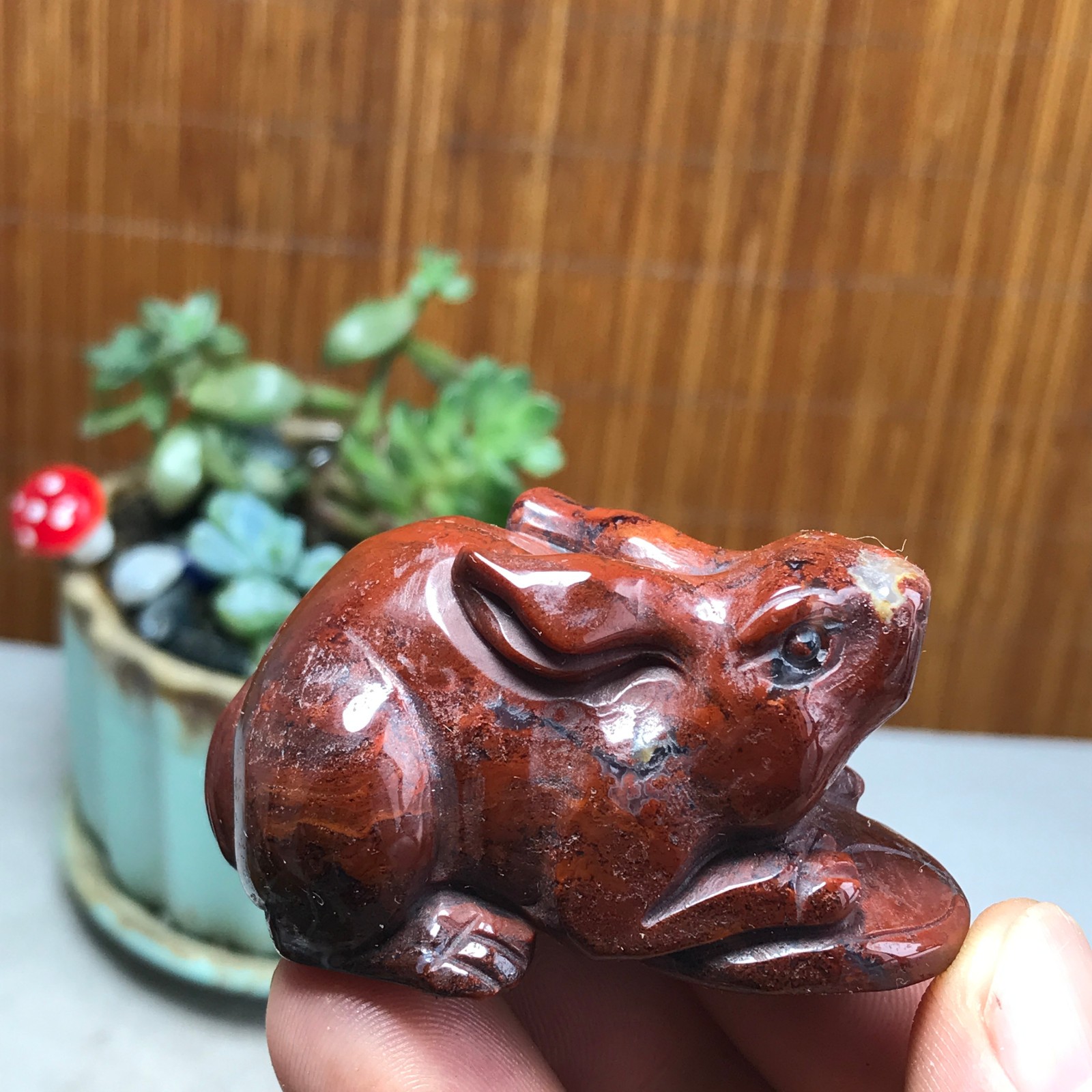 Natural bloodstone carve Rabbit & Copper Coin Figurine, Feng Shui Wealth Luck 82
