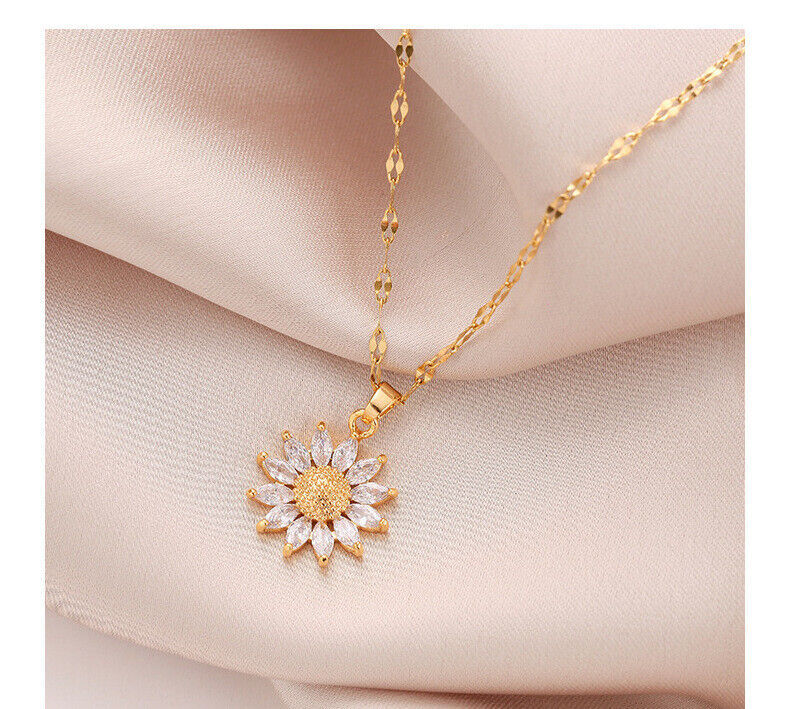 Women’s Fashion Jewelry Gold Cubic Zircon Sunflower Pendant Necklace 1PC