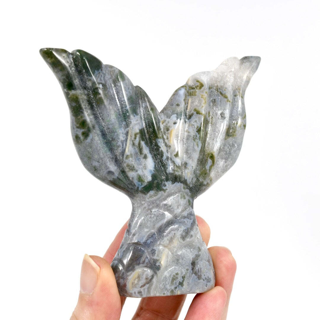 Large 4in Moss Agate Hand Carved Crystal Mermaid Fish Tail