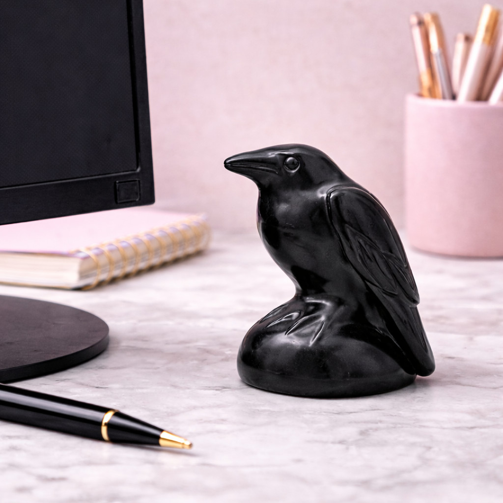 Obsidian Raven Figurine Crystal Protection Decor Home Bird Lover Animal Statue