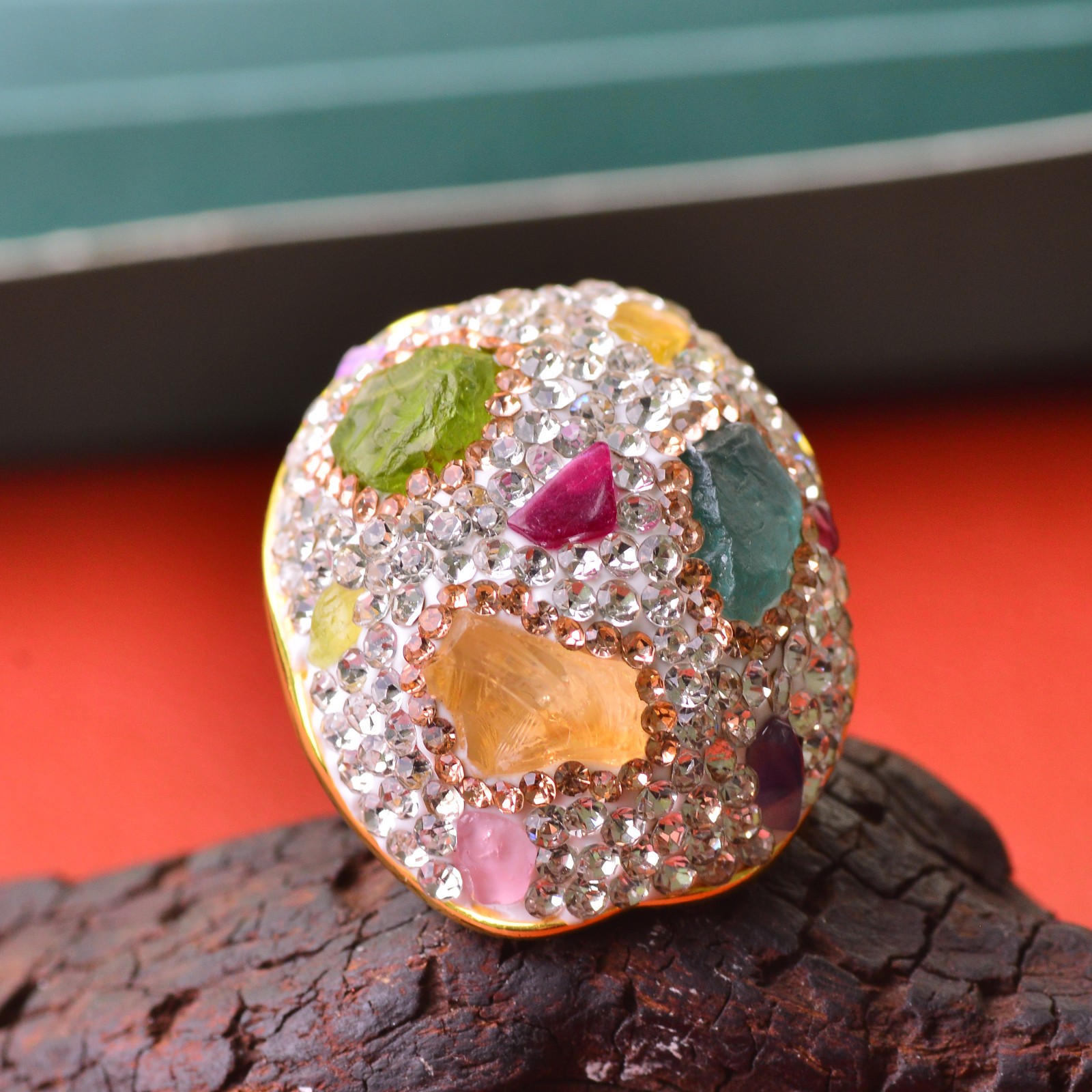 Crystal-encrusted gemstone ring alloy inlaid with handmade Energy Crystal