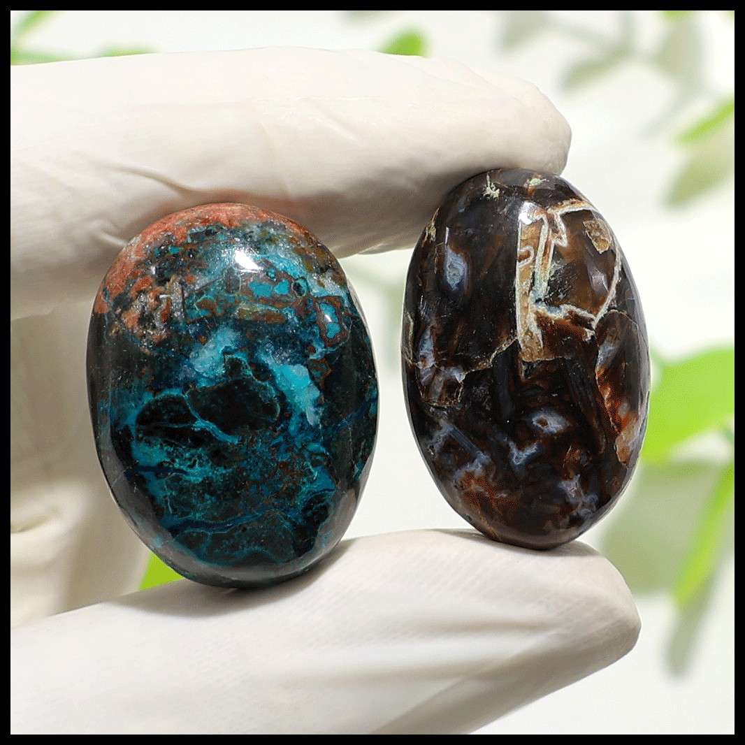 Earth & Ocean Pocket Pair • Turkish Agate & Azurite Palmstones Natural Crystals