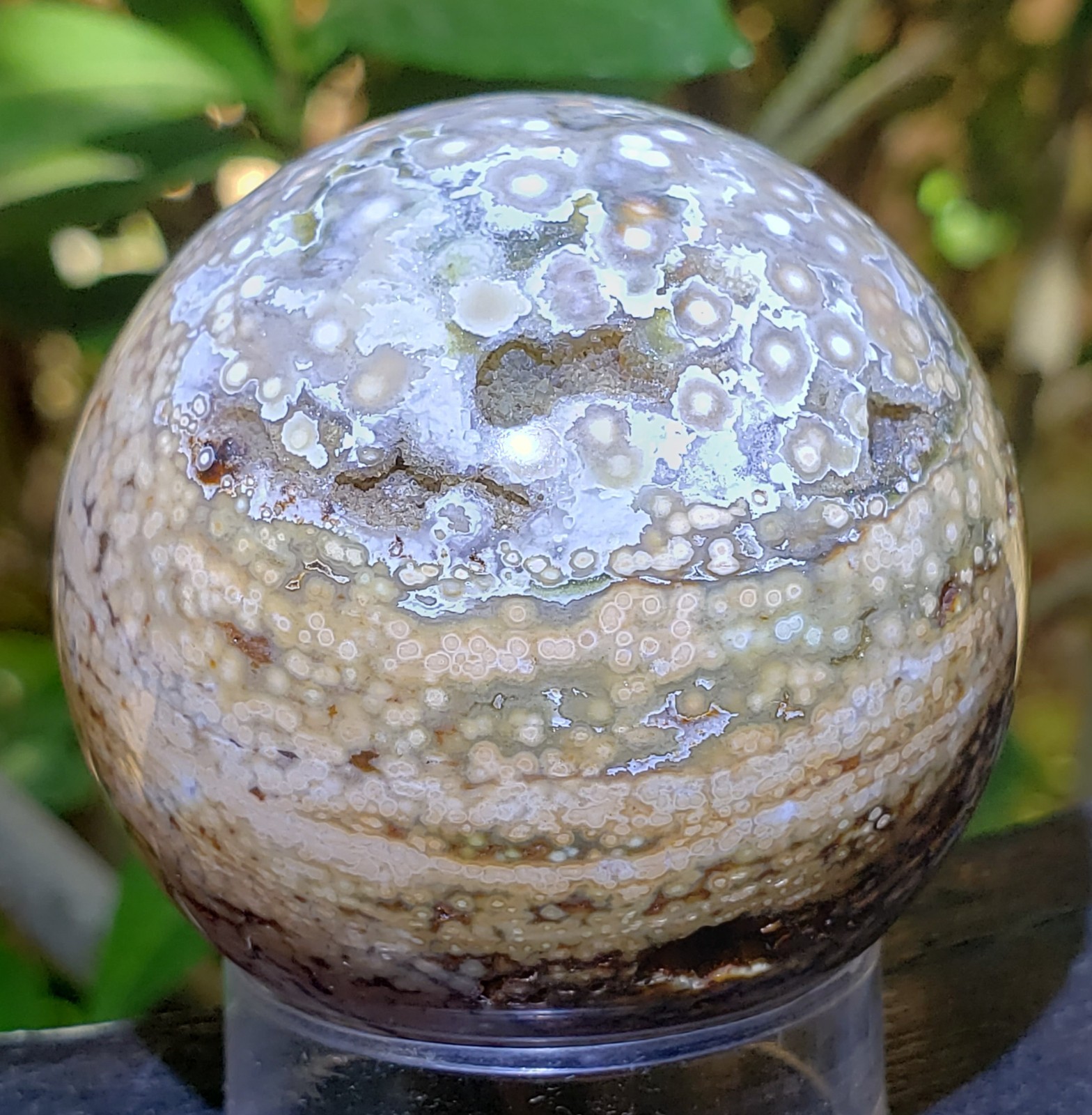 1.75″ Natural 8th Vein Orbicular Ocean Jasper Crystal Sphere Quartz Druzy, 121g