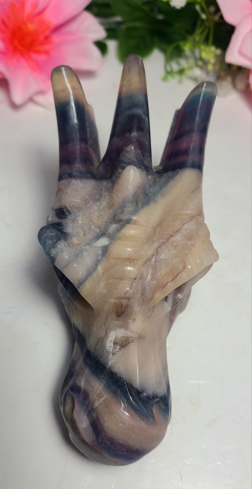 Large 5″ 303g Silky Fluorite Dragon Head Skull Crystal Stone Carving Statue