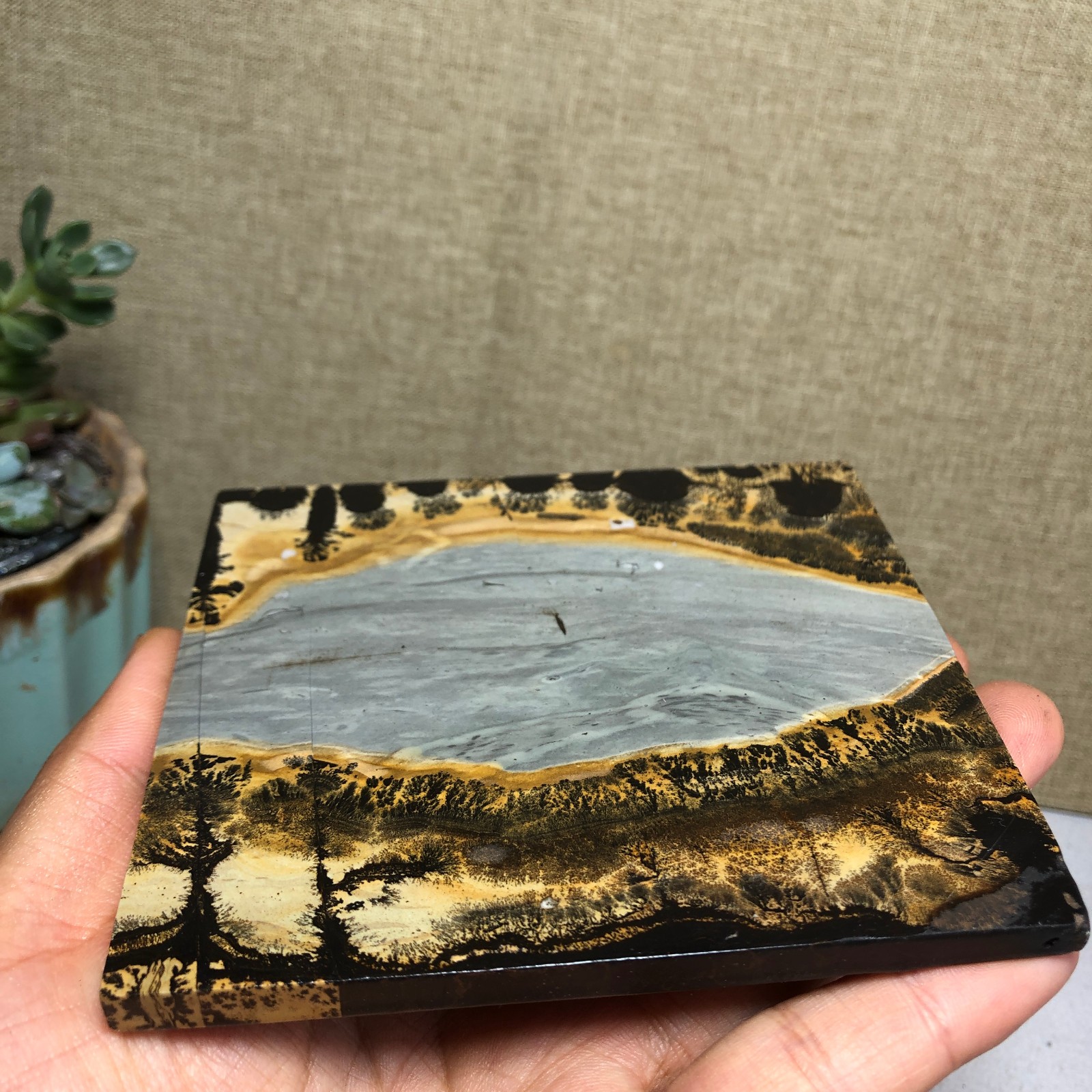 Natural Chinese painting stone crystal ornaments pictographic landscape A5075