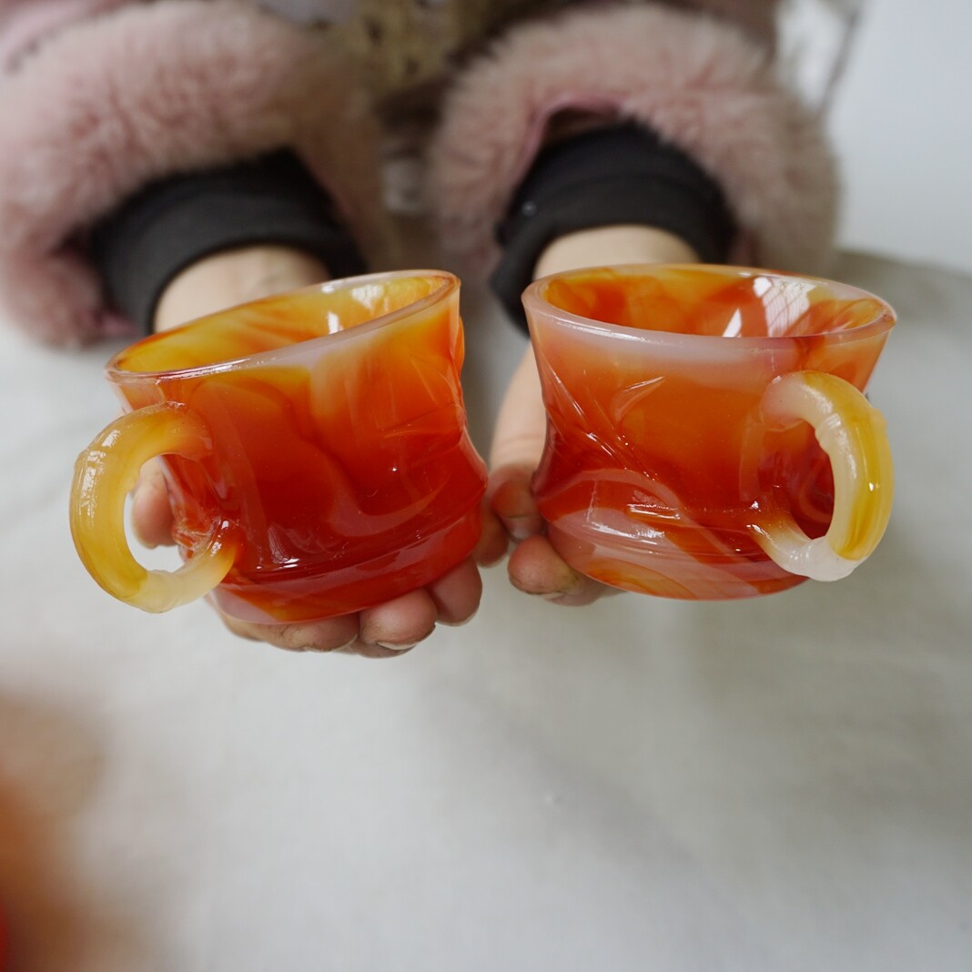 2Pcs Pretty Manmade Art Agate Carnelian Quartz Crystal Cup Carving Healing