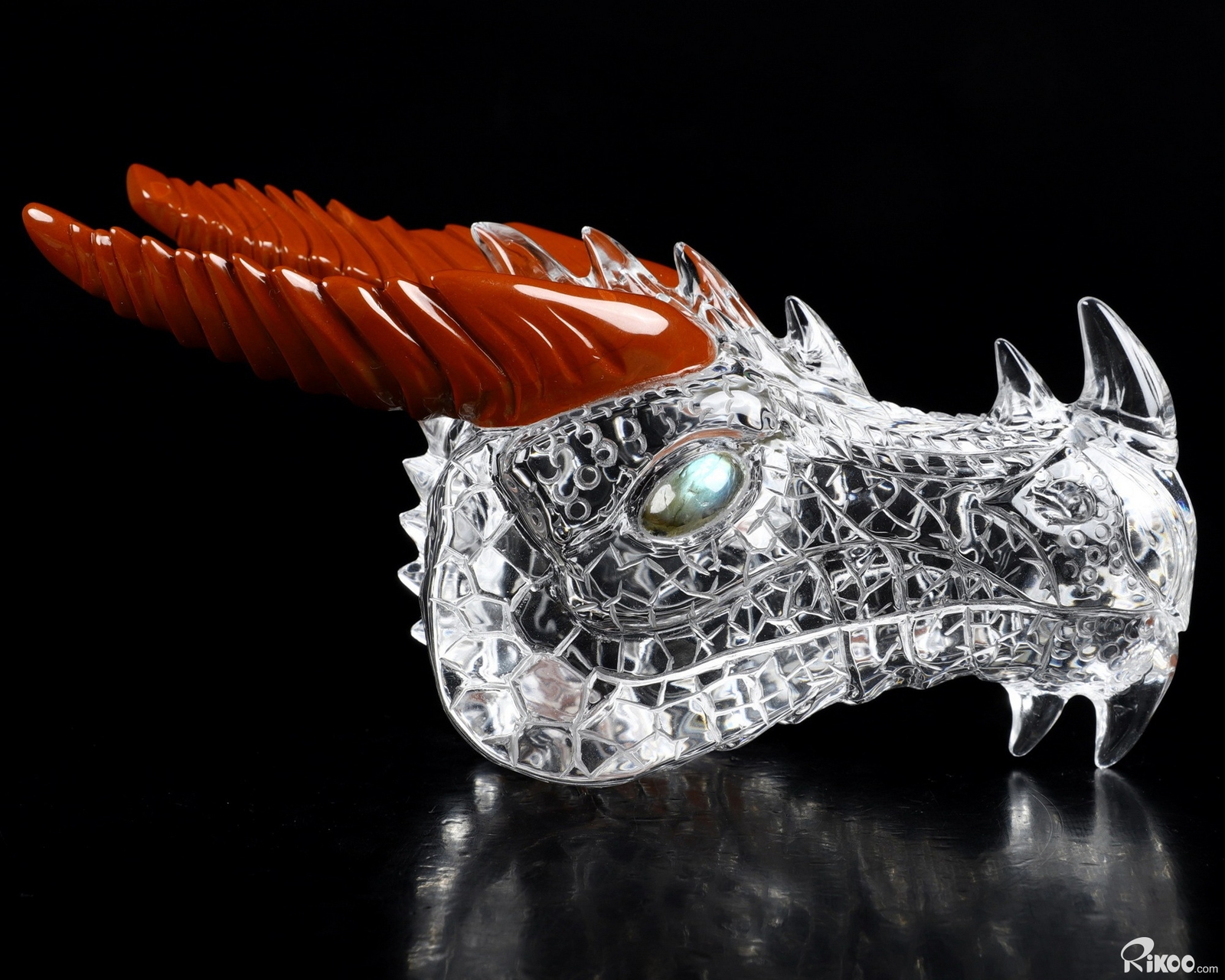 6.7″ K9 Crystal & Red Jasper Carved Crystal Dragon & Labradorite Eyes Sculpture
