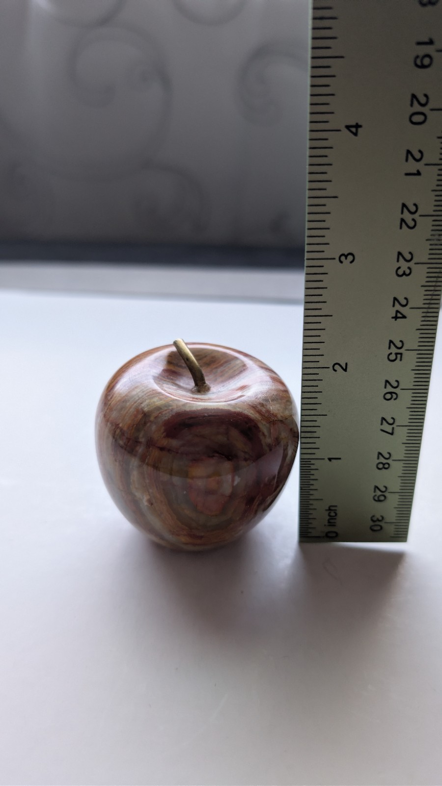 Vintage Carved Banded Onyx Marble Apple Brass Stem Paperweight MCM Teacher