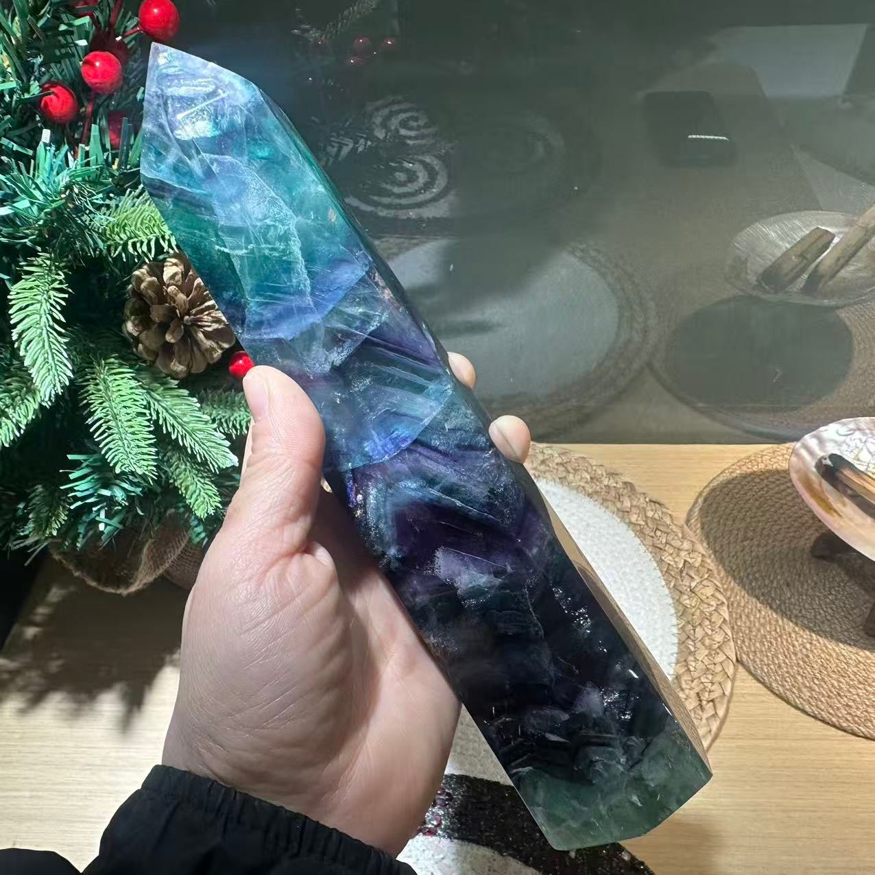 3.14LB 9″ Natural Rainbow Fluorite Tower Obelisk Crystal Healing Quartz Decor