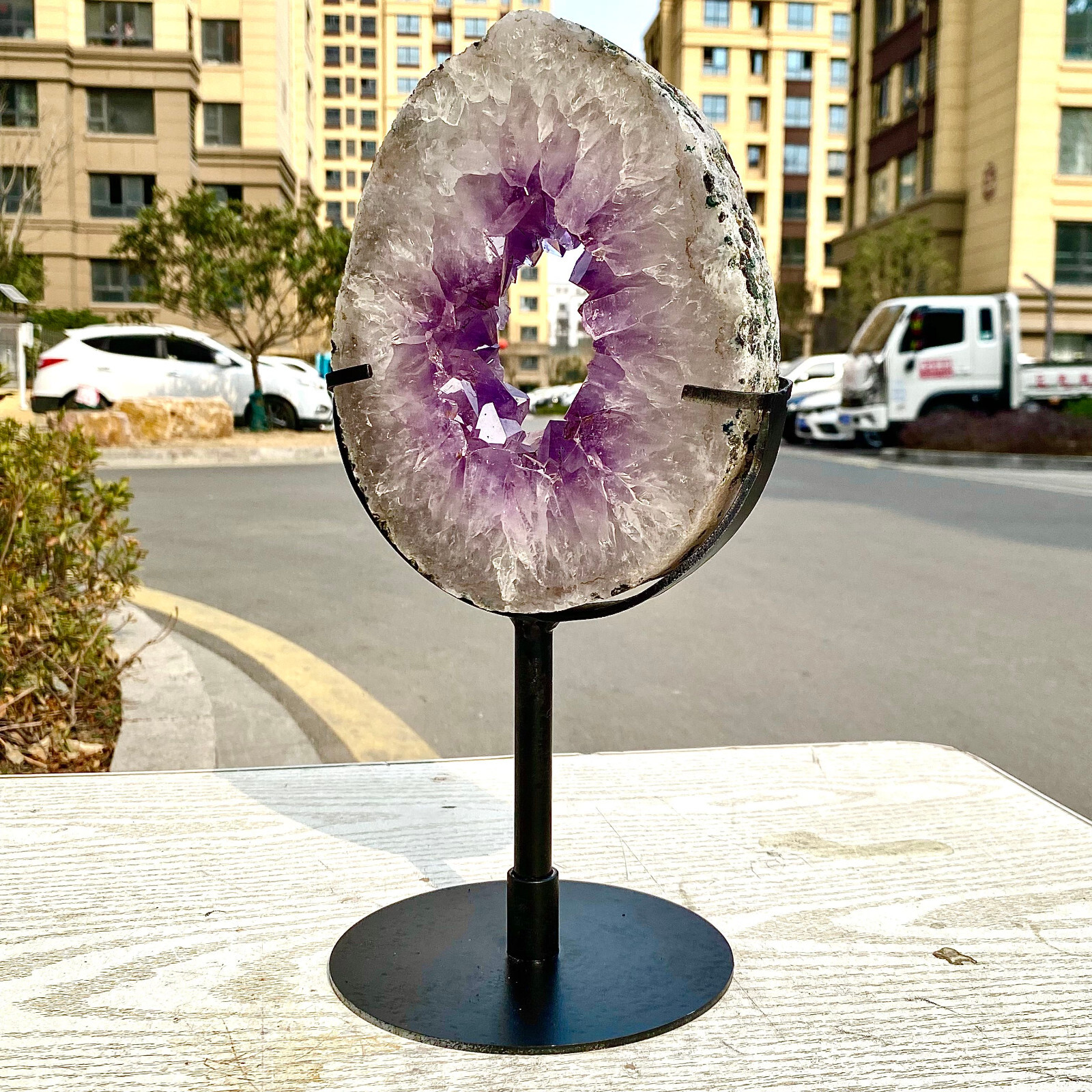 4.29LB Natural Amethyst Cave Crystal Slice Crescent shaped Hand Cut Repai