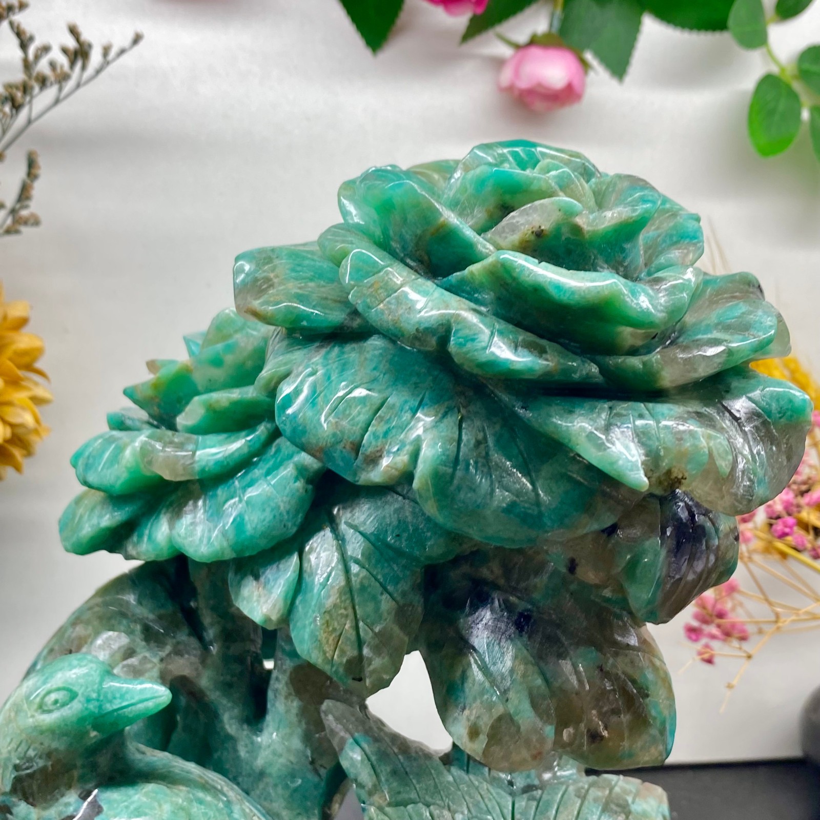 6.4LB Natural jade carvings flowers birds magpies crystal spiritual energy