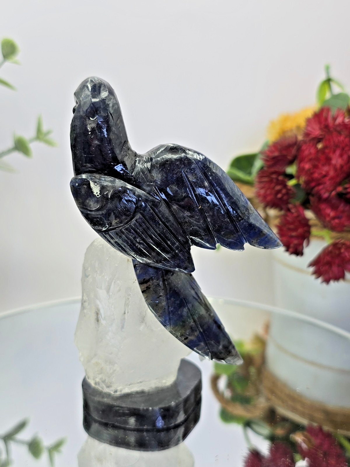 Hand Carved Dark Blue Macaw on Clear Crystal Base 4.25″ Natural Stone Bird