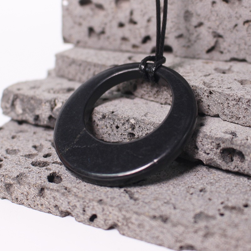 Shungite retro design classic style black circular energy stone pendant