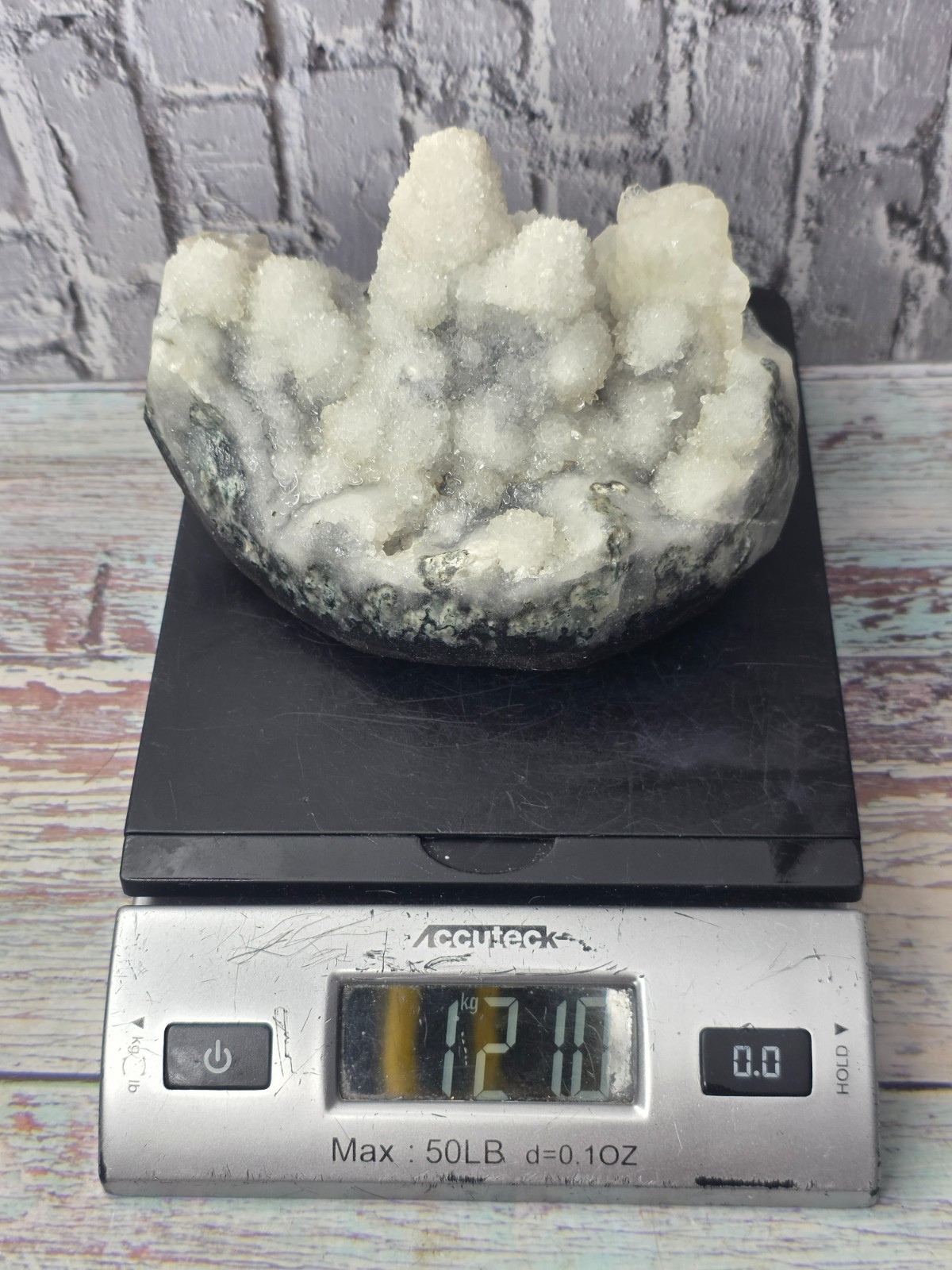 Large White Druzy Quartz Calcite Crystal Bowl UV Reactive Display Specimen 1.21k