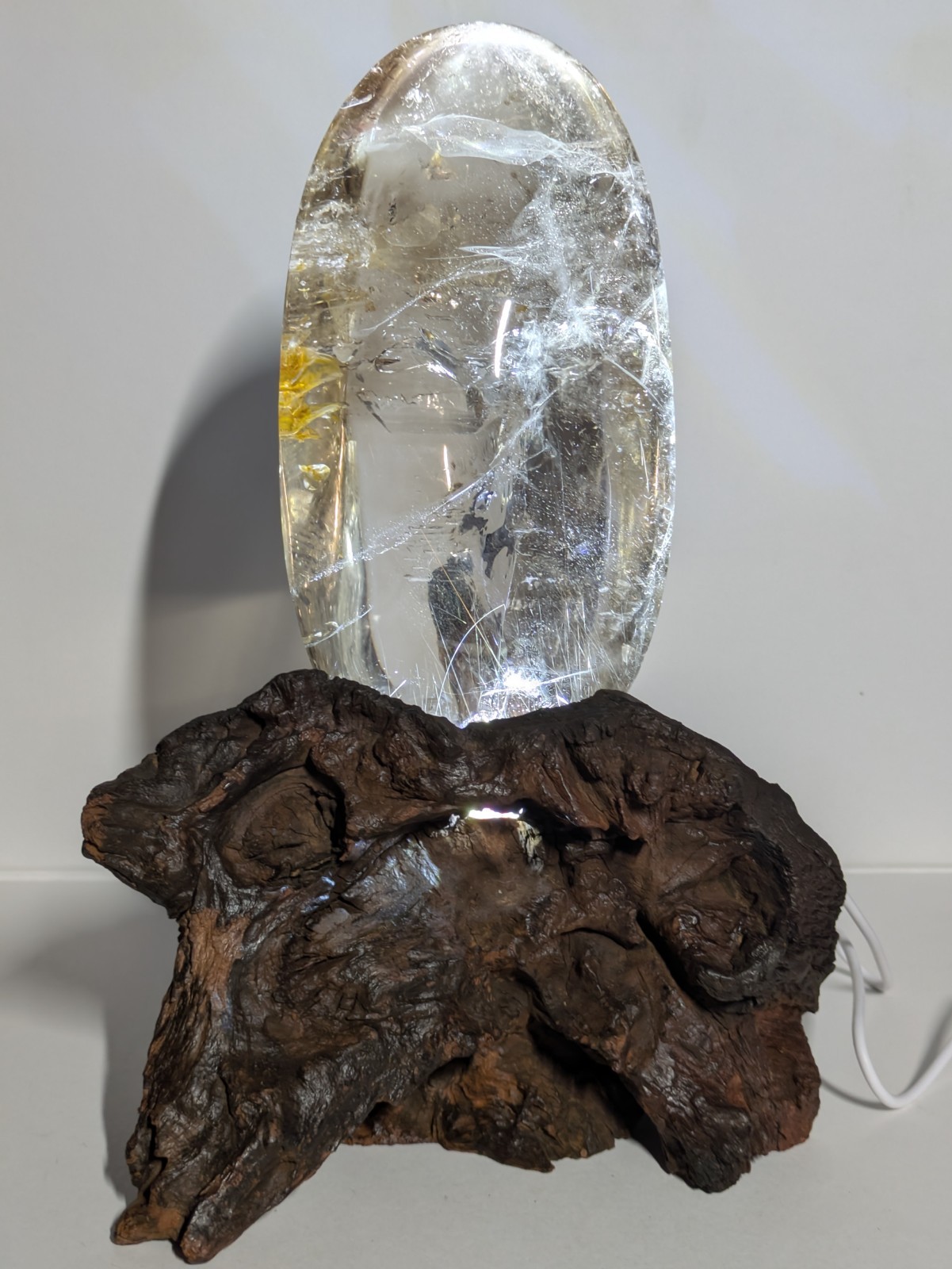 Large 2lb Polished Clear Quartz Crystal w/ Inclusions With Water And Light Stand