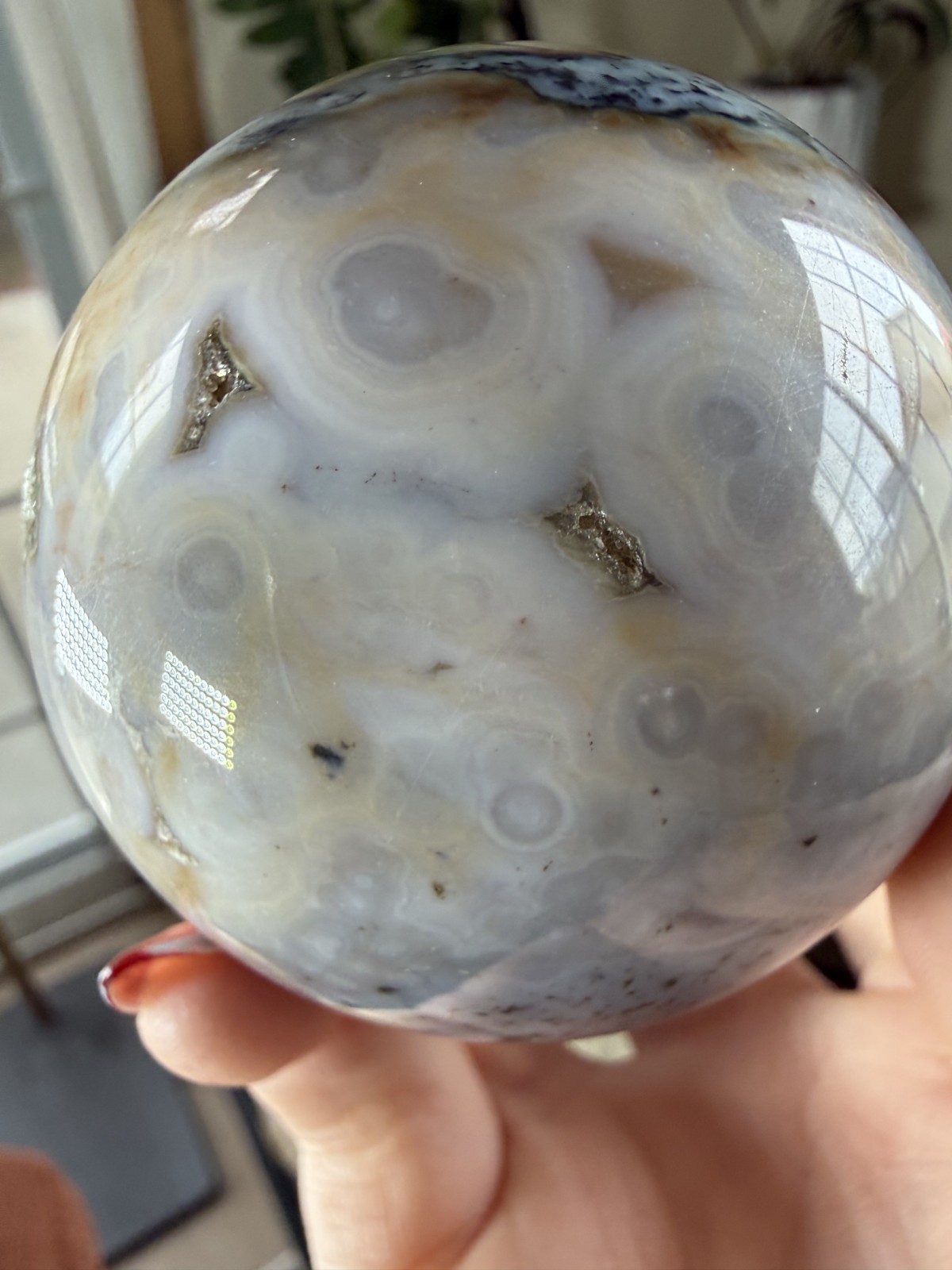 8th Vein Ocean Jasper Sphere – Blue, White, Brown & Green Orbs – 11.43 oz