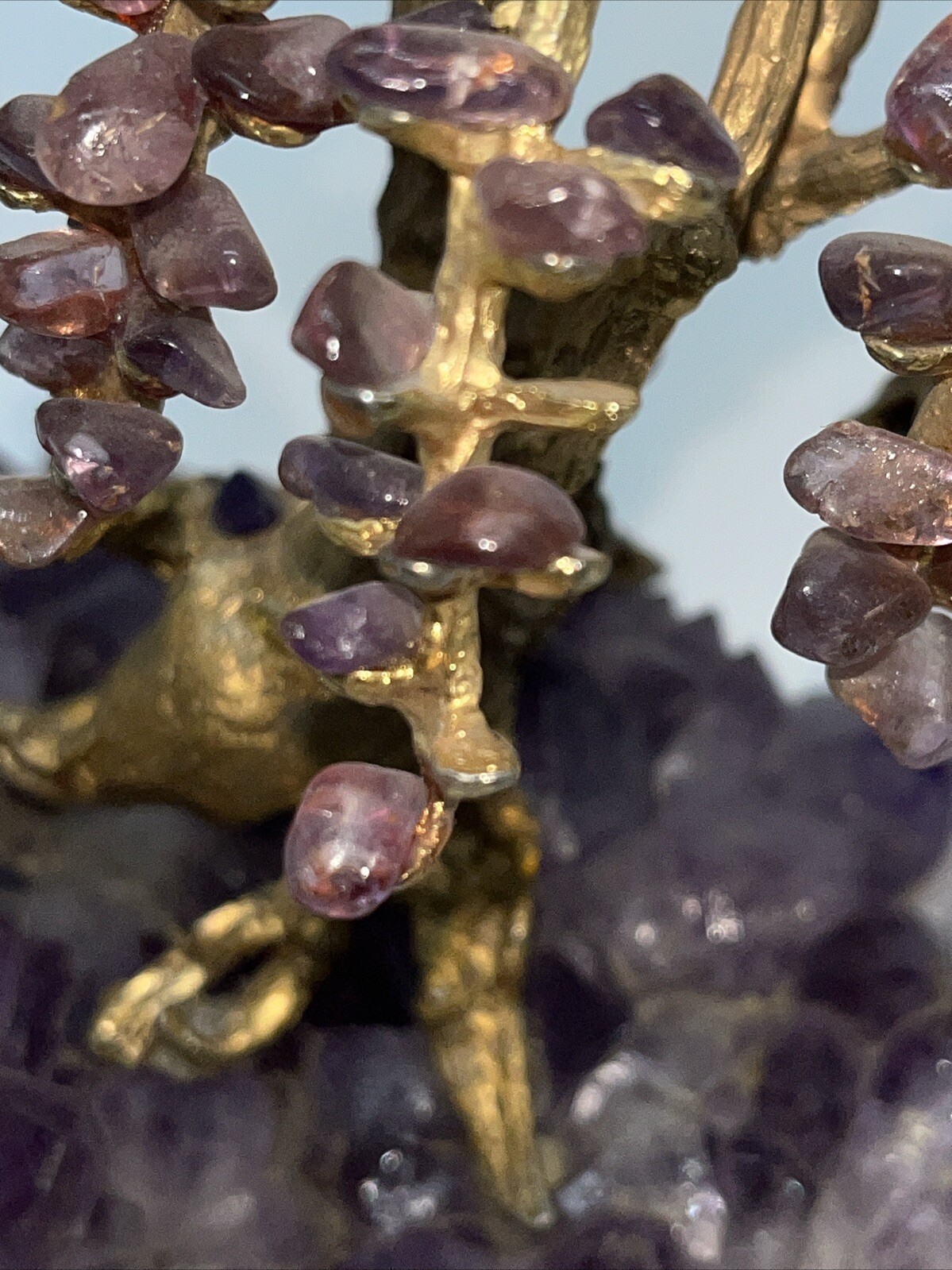Natural Amethyst Gemstone Rock Gold Tone Tree Of Life Bonsai Sculpture Figurine