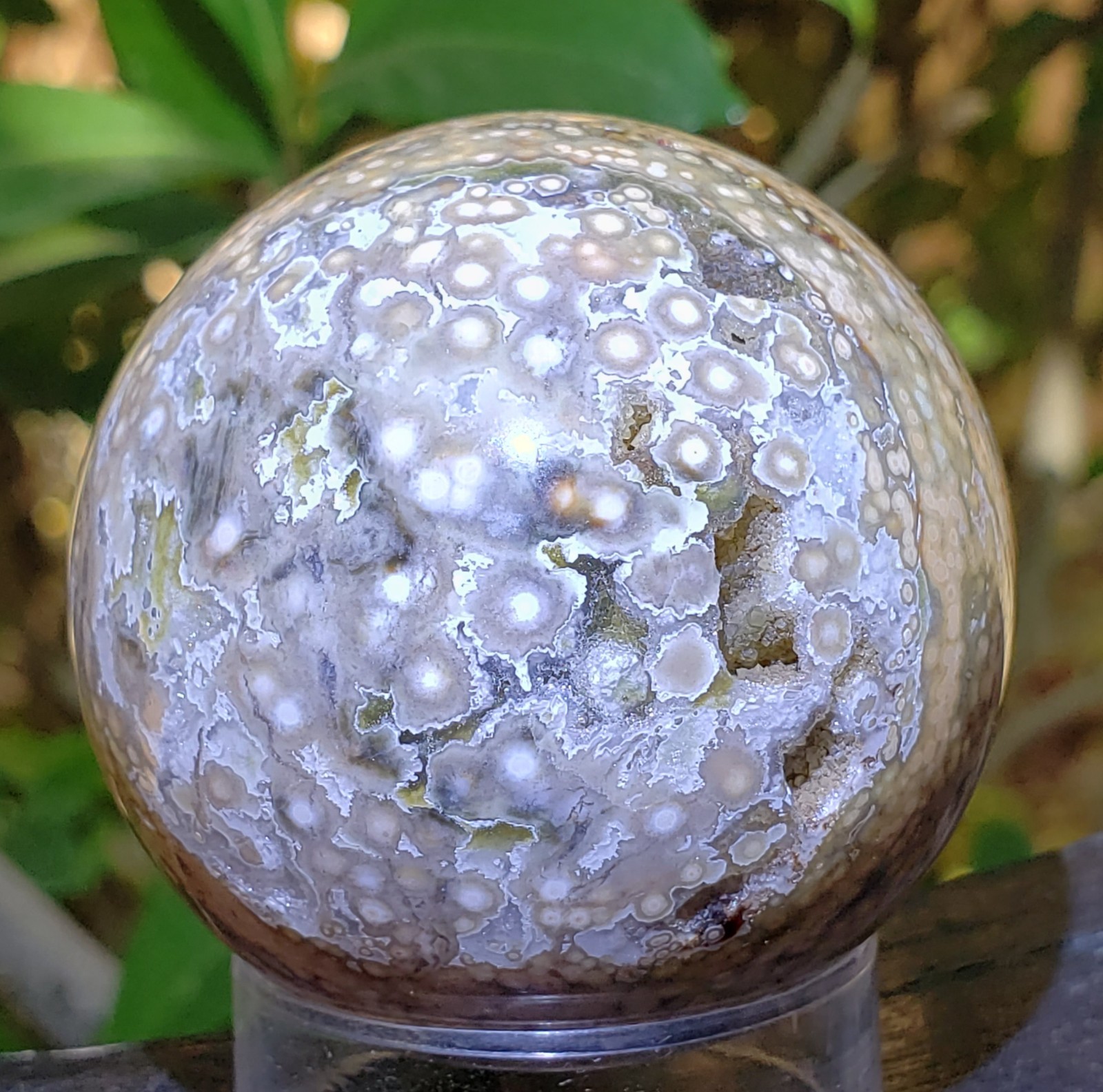 1.75″ Natural 8th Vein Orbicular Ocean Jasper Crystal Sphere Quartz Druzy, 121g