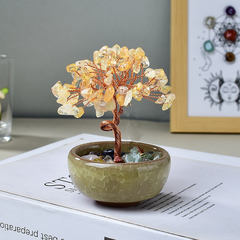 Natural Crystal Stone Tree with Ceramic Base Bonsai Prosperity Lucky Decorations