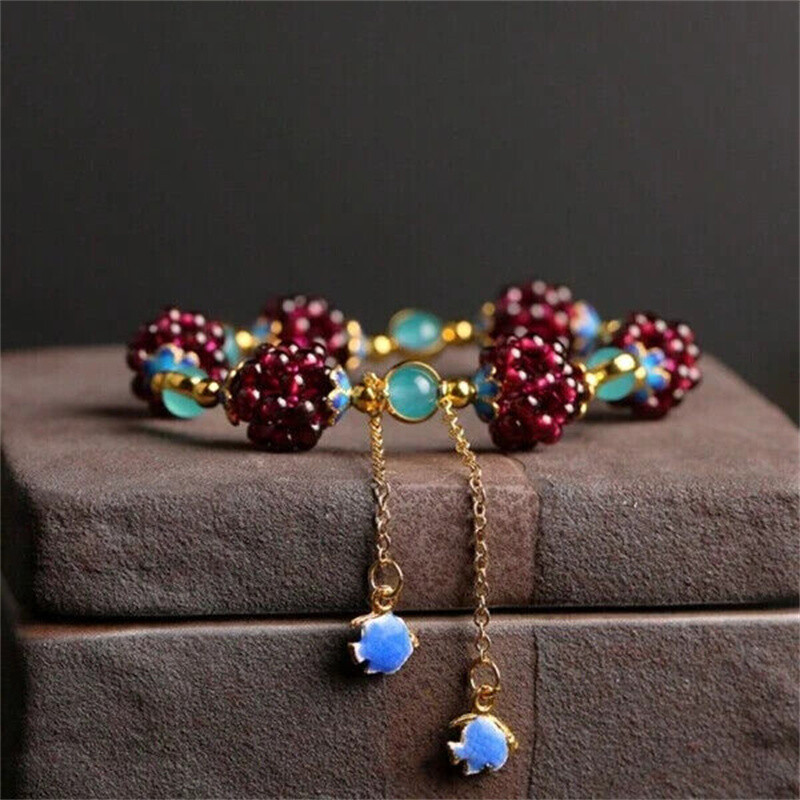 Natural Garnet & Blue Crystal Round Beads Bangle Healing Reiki Woven Bracelet