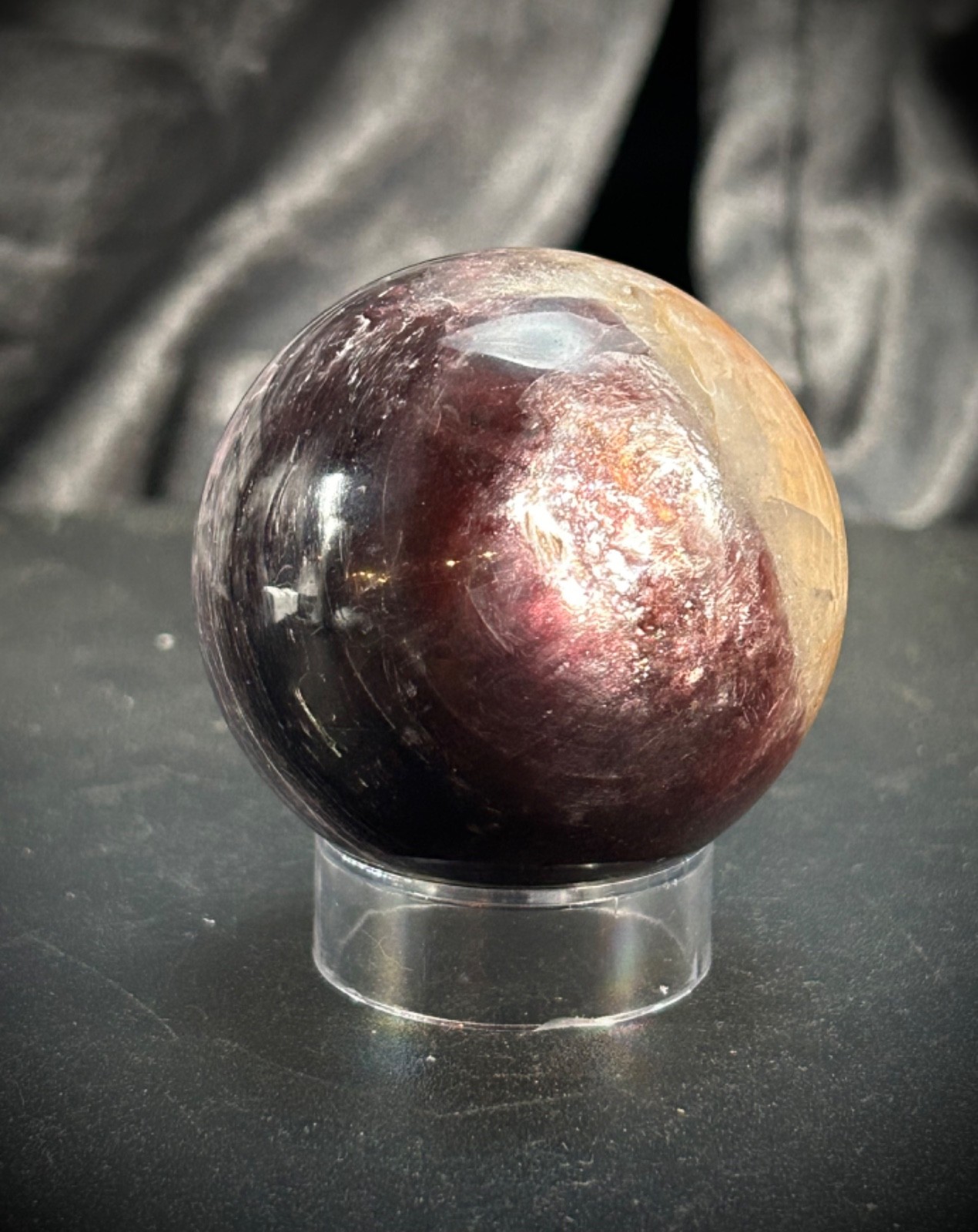 2″ Gem Lipidolite and Hematoid Quartz Sphere with Acrylic Stand 6.5 oz