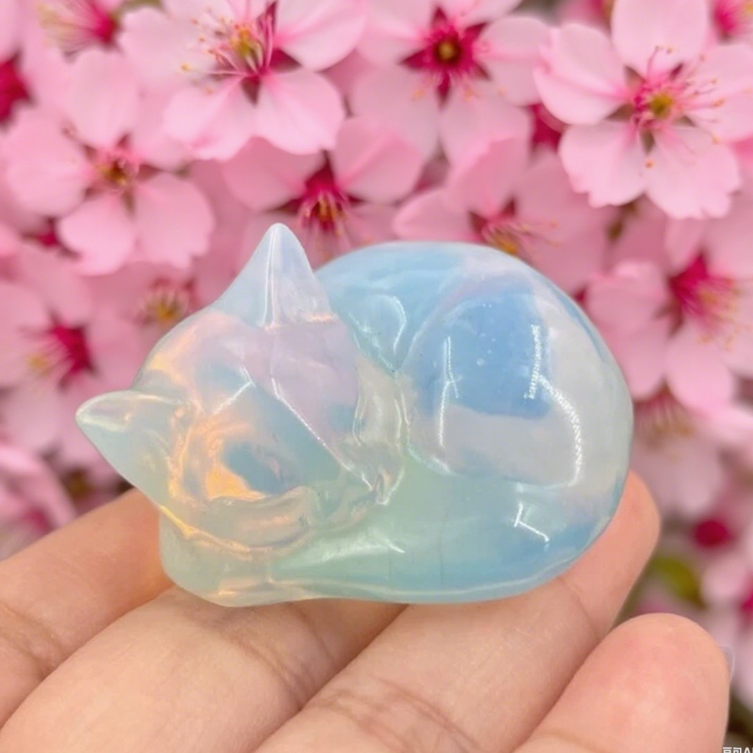 Natural Opalite Sleeping Cat Hand Carved Quartz Crystal Healing Home Decor Gift