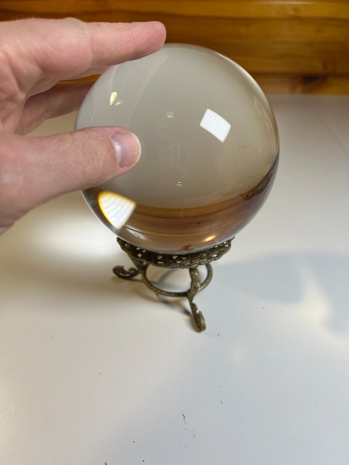 Antique Rococo Crystal Ball Ornate Brass Stand 4.75″ c 1890–1910