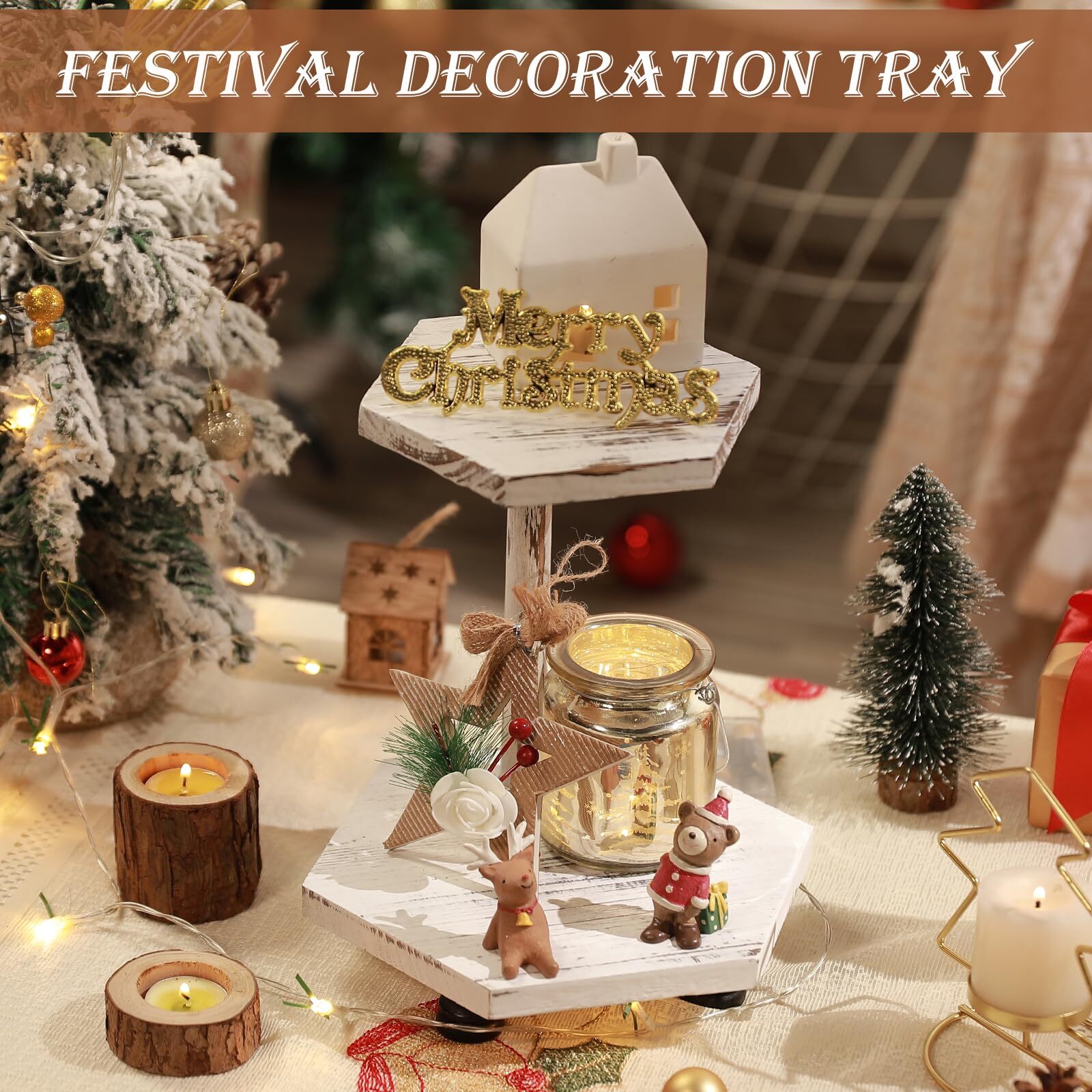 Hexagonal Wood Riser For Display 2tier Wood Farmhouse Riser For Kitchen Bathroom