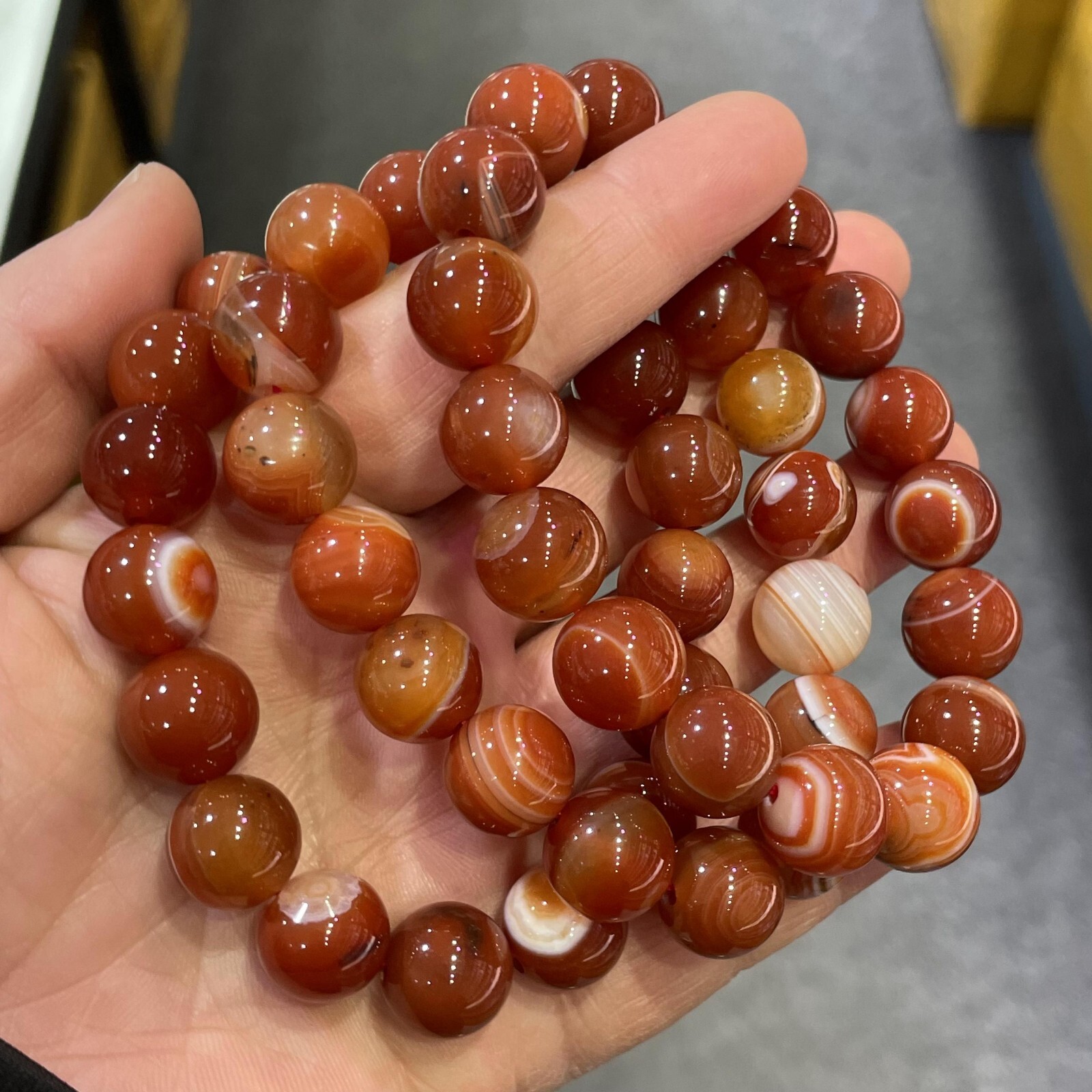 1pc 12mm Carnelian Red Agate Beaded Healing Reiki Stretchy Bracelet