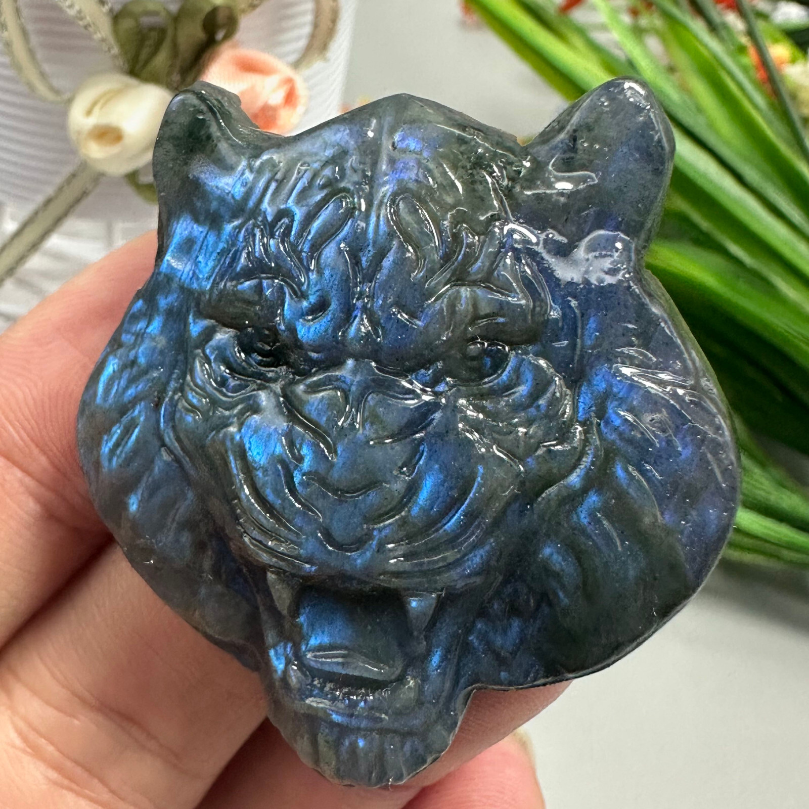 Natural Labradorite Carved Tiger Skull Quartz Skull Crystal Specimen Reiki Heal