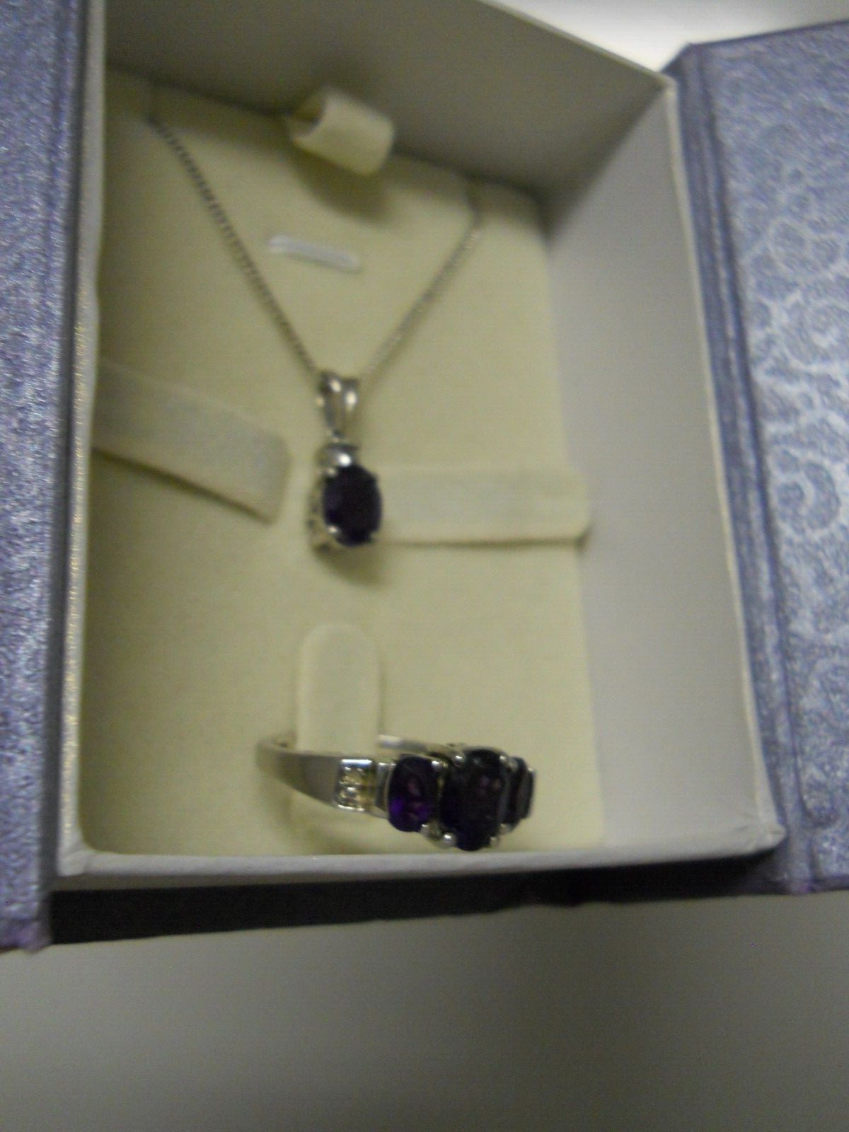 Sterling Silver Purple Amethyst Jewelry Set, 24″ Necklace & Ring Size 7.5 #866