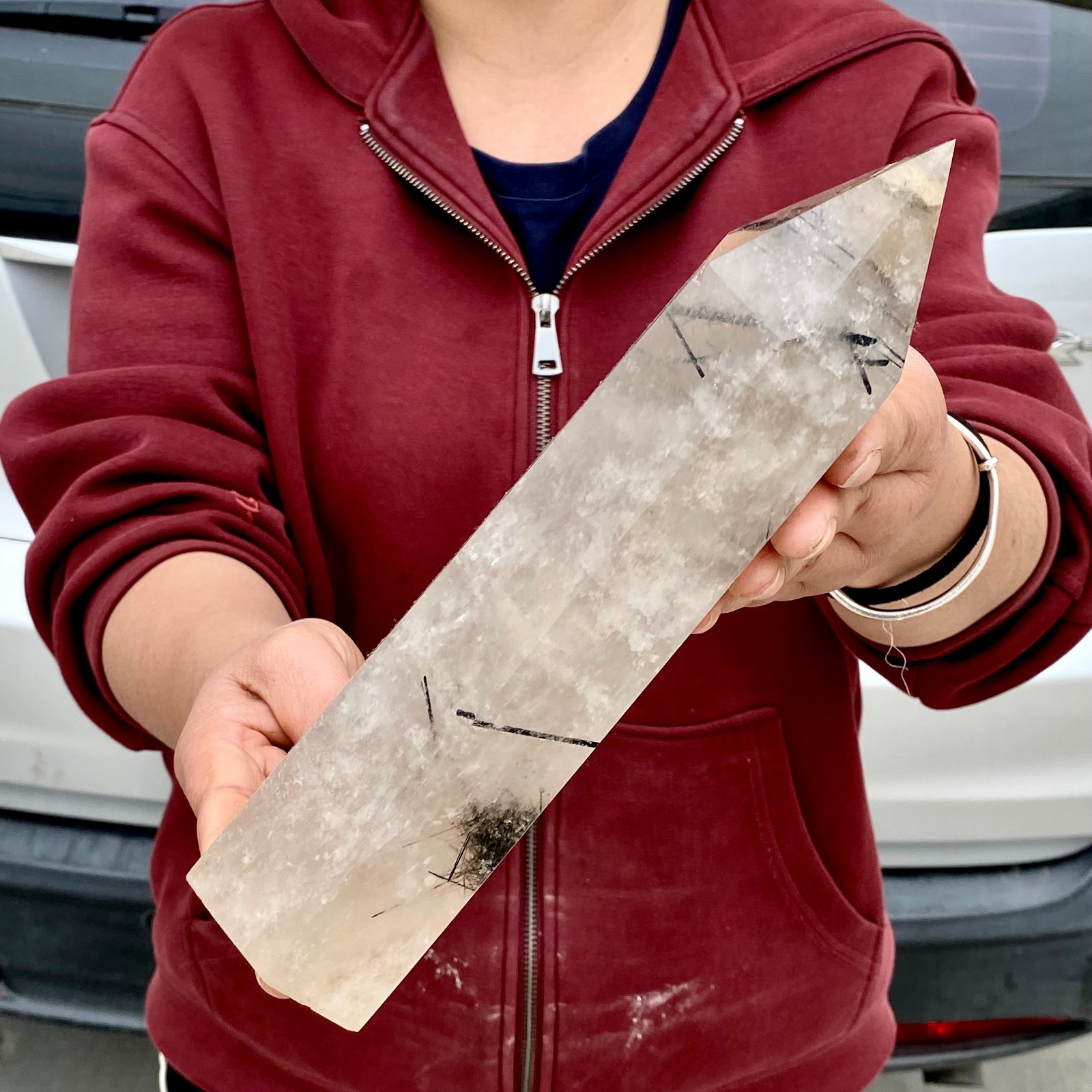 3.5LB Natural Black Hair Quartz Obelisk Crystal Energy Point Wand Reiki Decor
