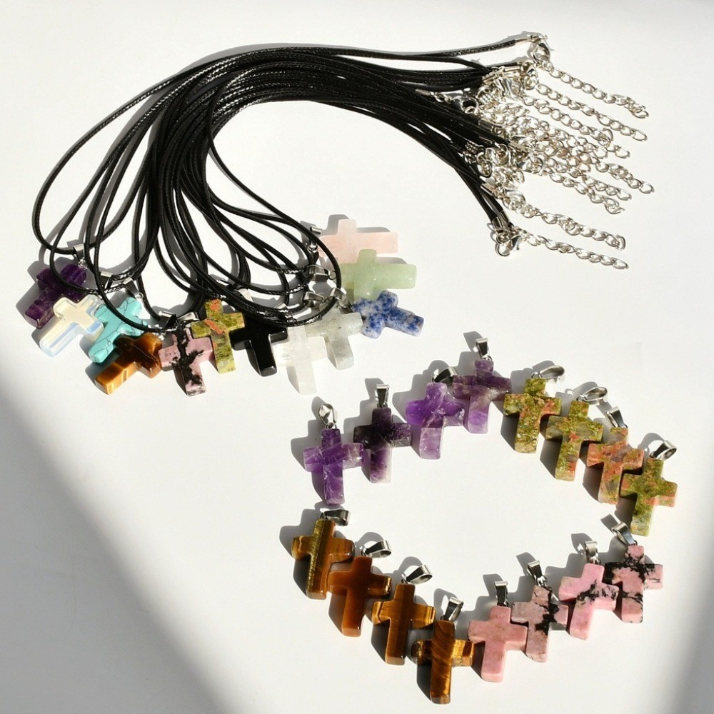 Fashion Crystal Cross Pendant Necklace Mixed Charms on Leather Rope Jewelry
