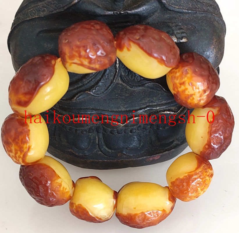 26mm Natural Mexico Yellow Amber Beeswax Rough Stone Beads Bracelet 8″
