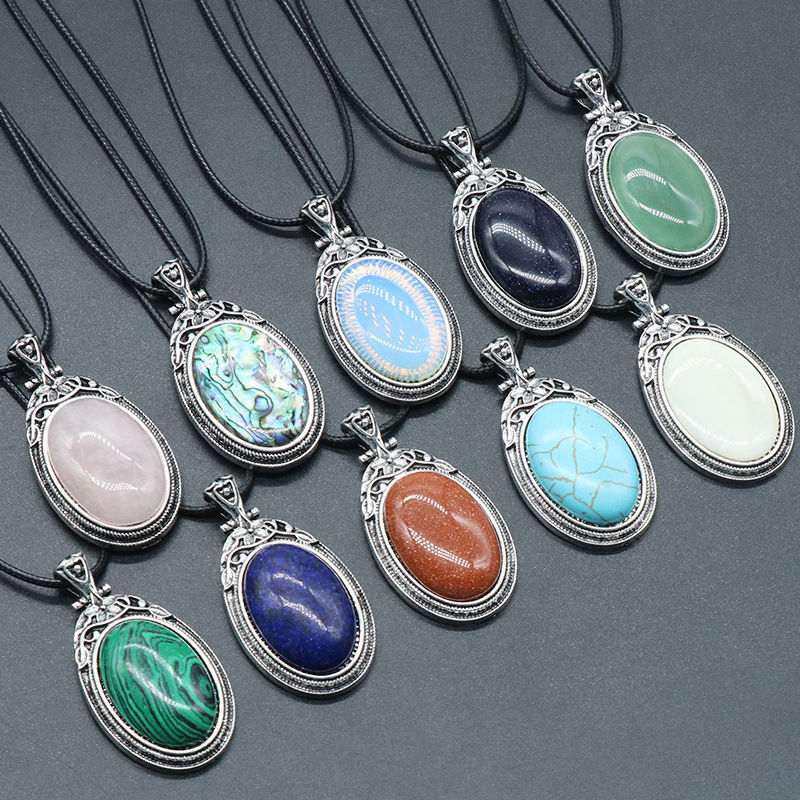 Crystal Agate Alloy Inlaid Gemstone Pendant Oval Stone Necklace 1pc