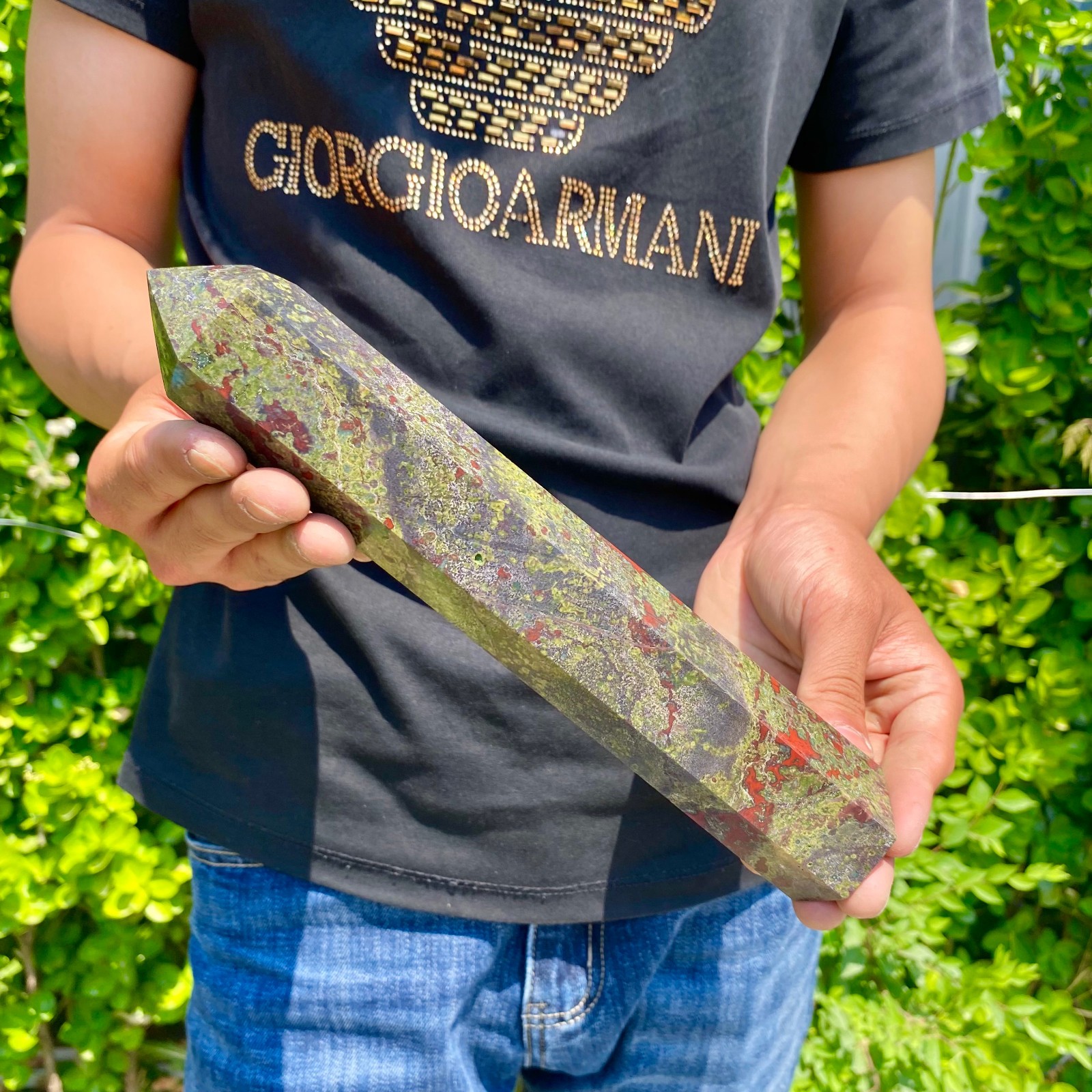 1.82LB Natural dragon’s blood stone obelisk quartz crystal column restoration