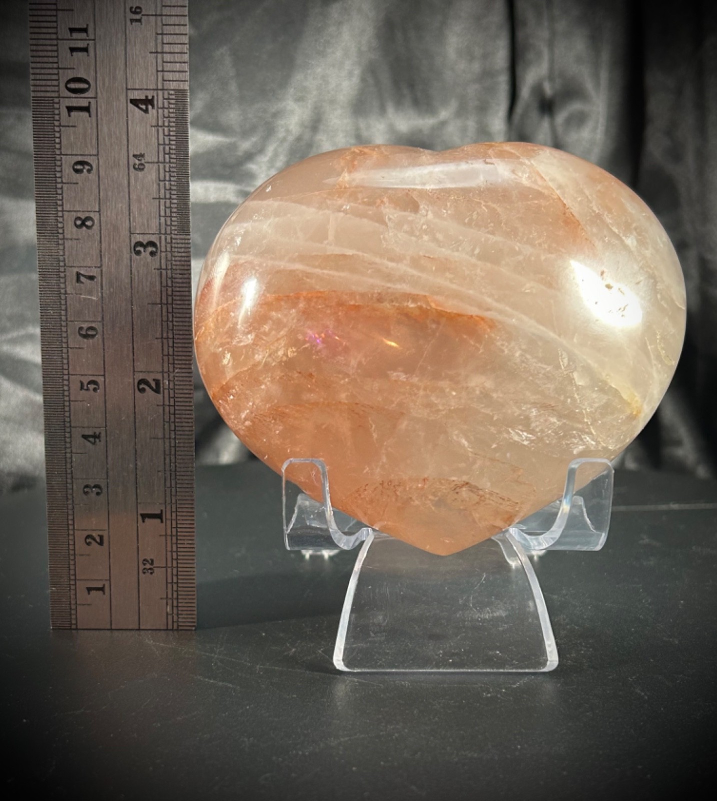 3.63″ Hematoid Quartz Heart Carving With Acrylic Stand 1lb 1.2oz