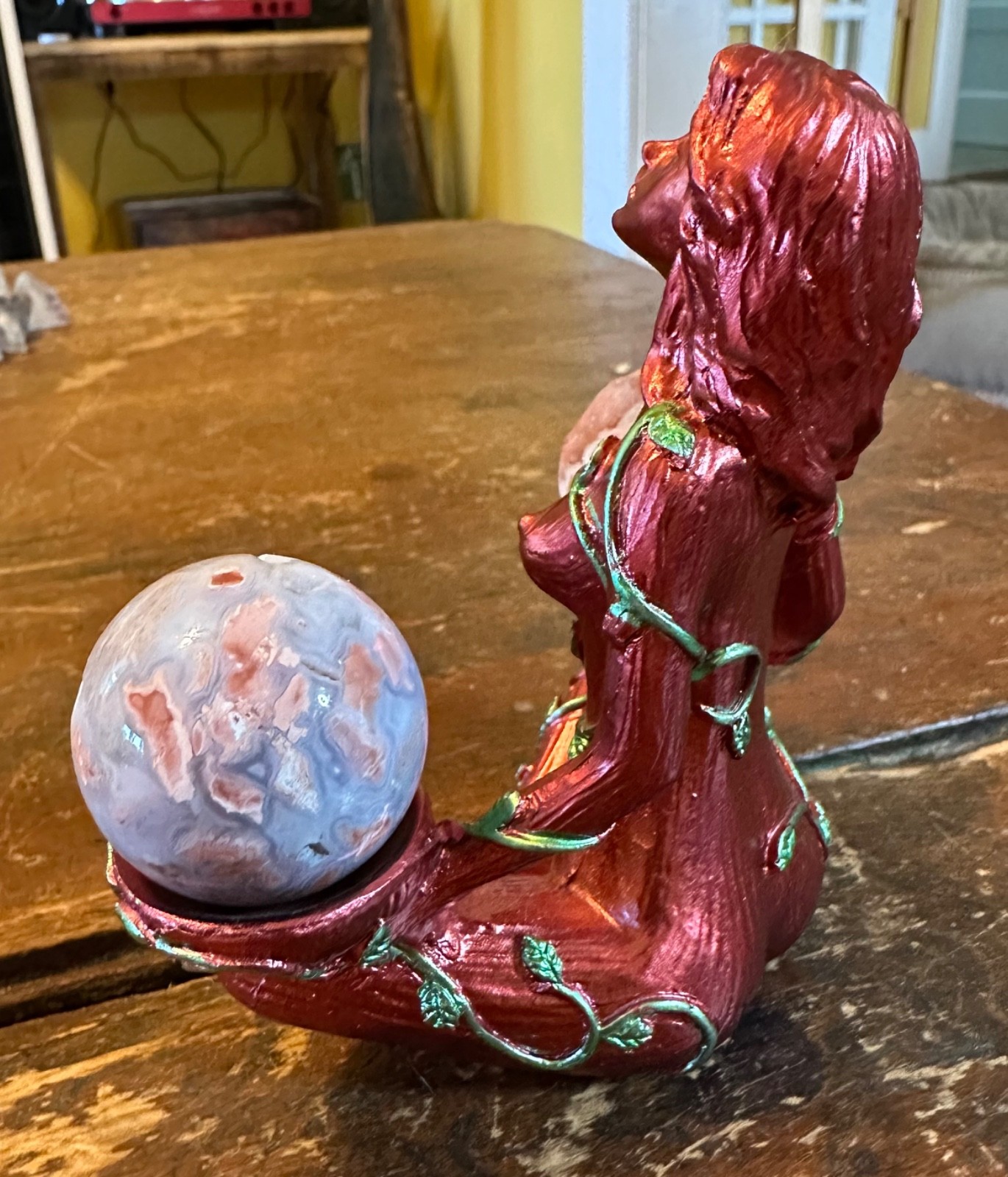 Two pink amethyst druzy spheres and “earth mother” resin stand Free shipping