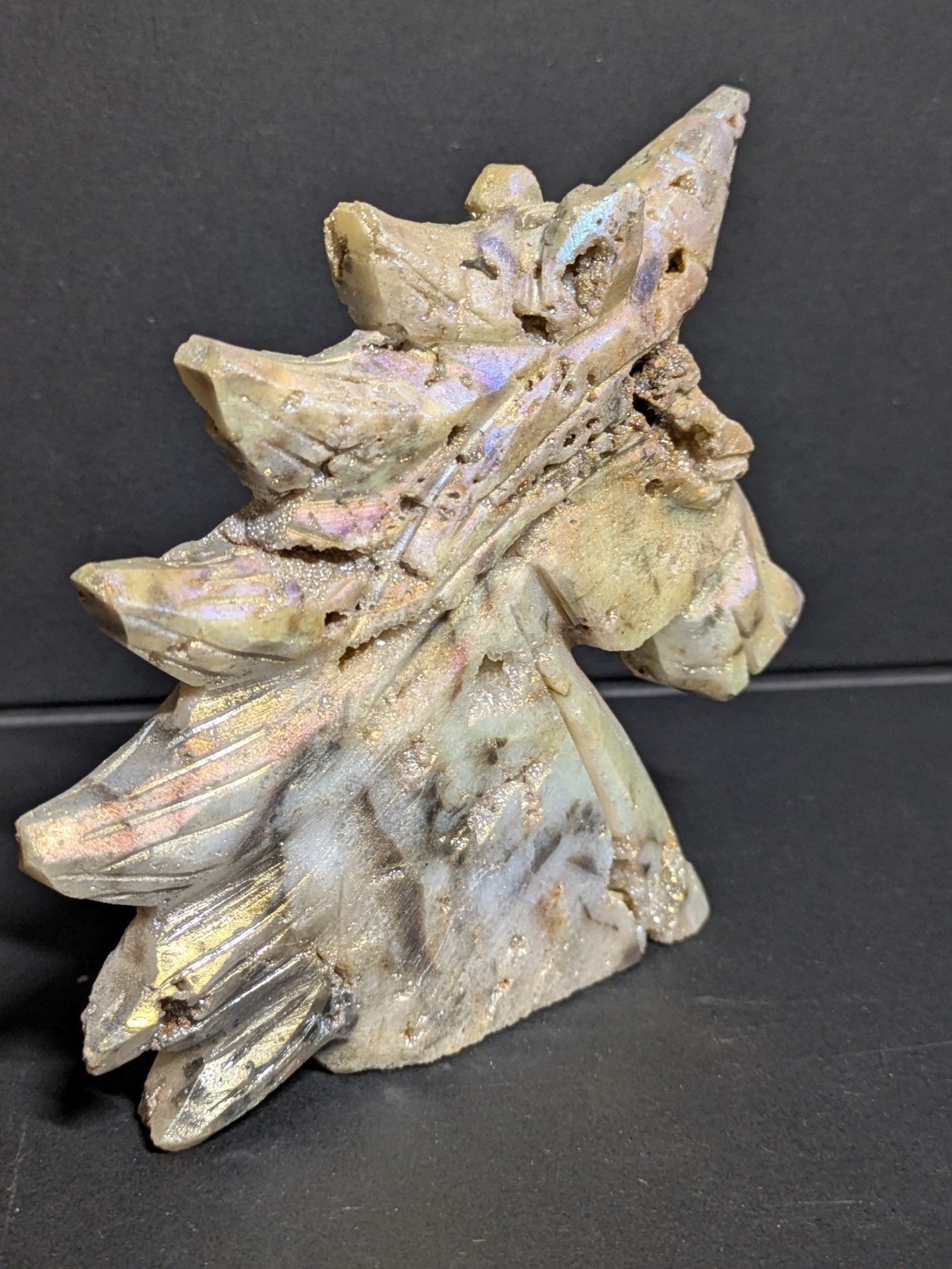 Aura Sphalerite Crystal Unicorn Carving Shiny Blue Purple Pink Gold With Druzies