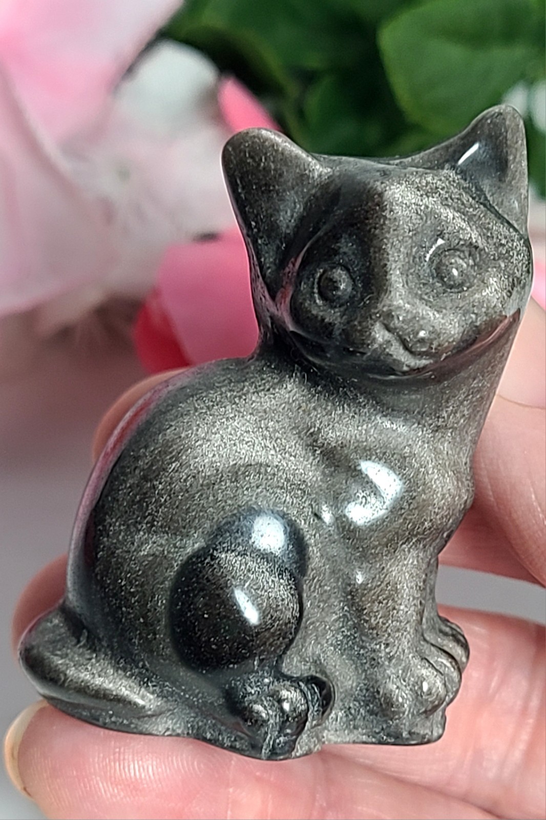 2″ 53g Adorable Silver Sheen Obsidian Sitting Cat Crystal Stone Carving Statue