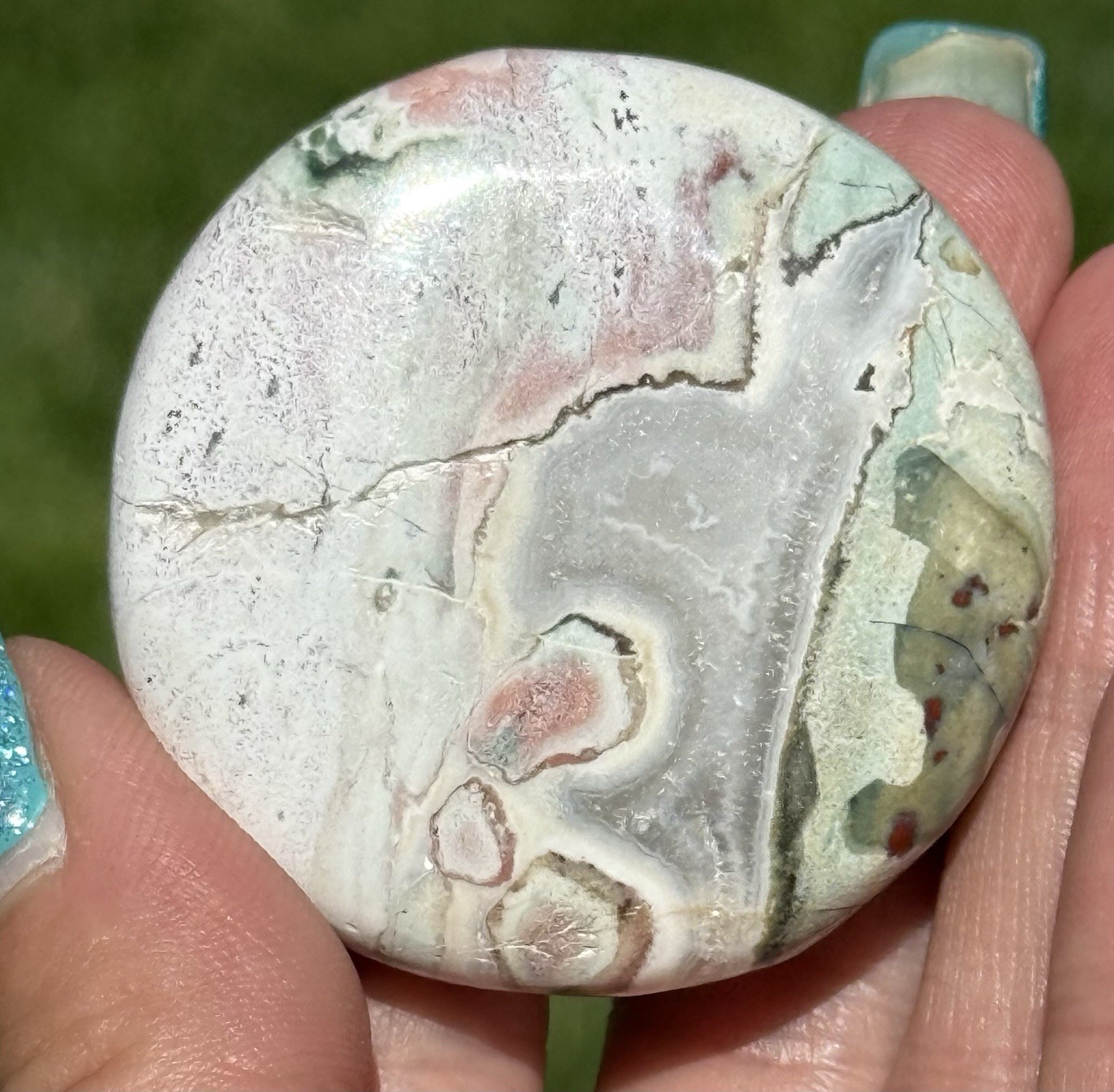Unicorn Jasper Medallion Palm Stone Pastel Pink Green Crystal Healing India