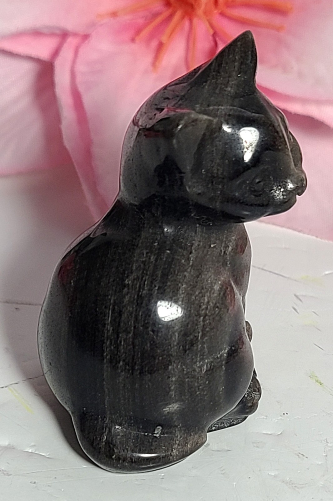 2″ 53g Adorable Silver Sheen Obsidian Sitting Cat Crystal Stone Carving Statue