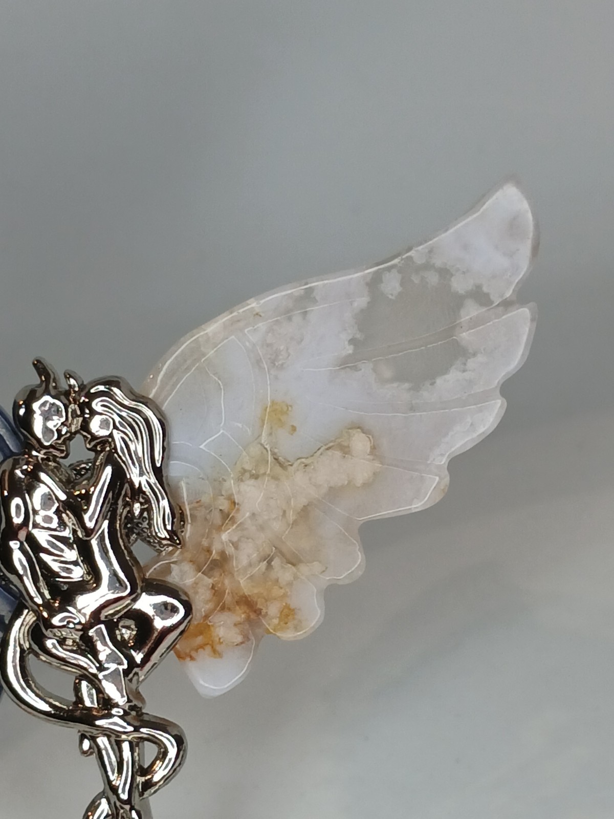 Sodalite & Flower Agate Carved Crystal Angel Devil Wings Stand Collectable