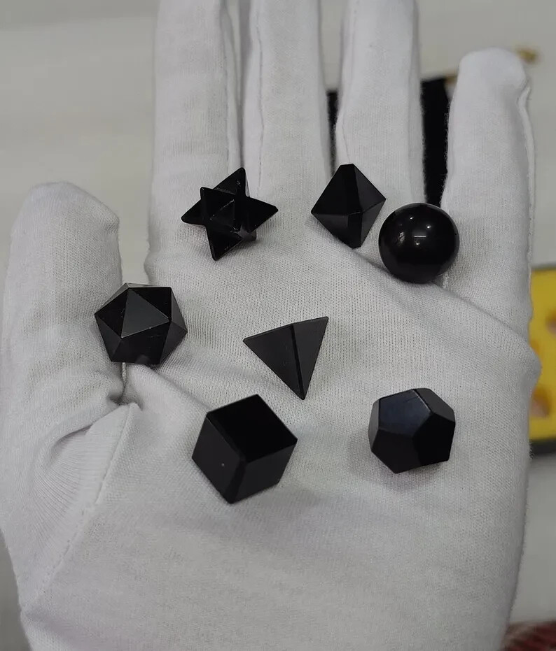 Natural Black Obsidian Platonic solids set 7 Pieces, With Premium Box.