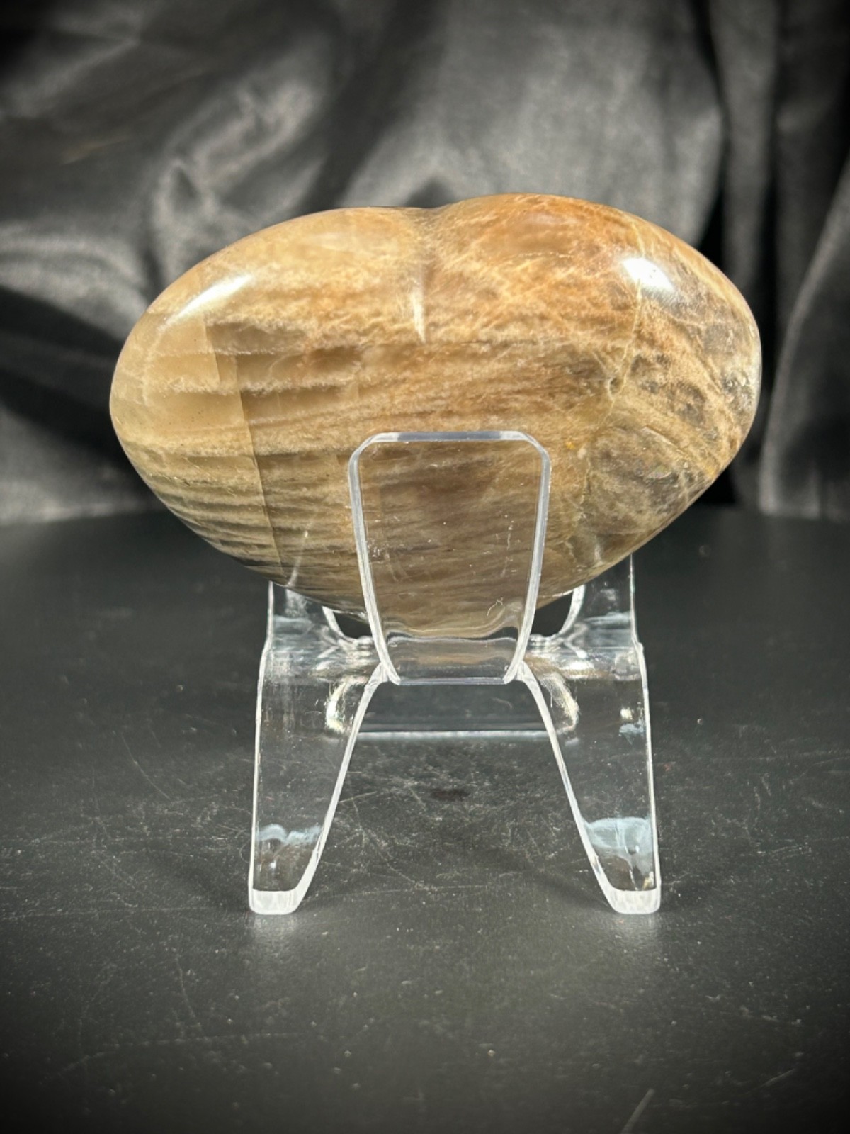 2.79″ Black Peach Moonstone With Acrylic Stand 6.3oz (178 grams)