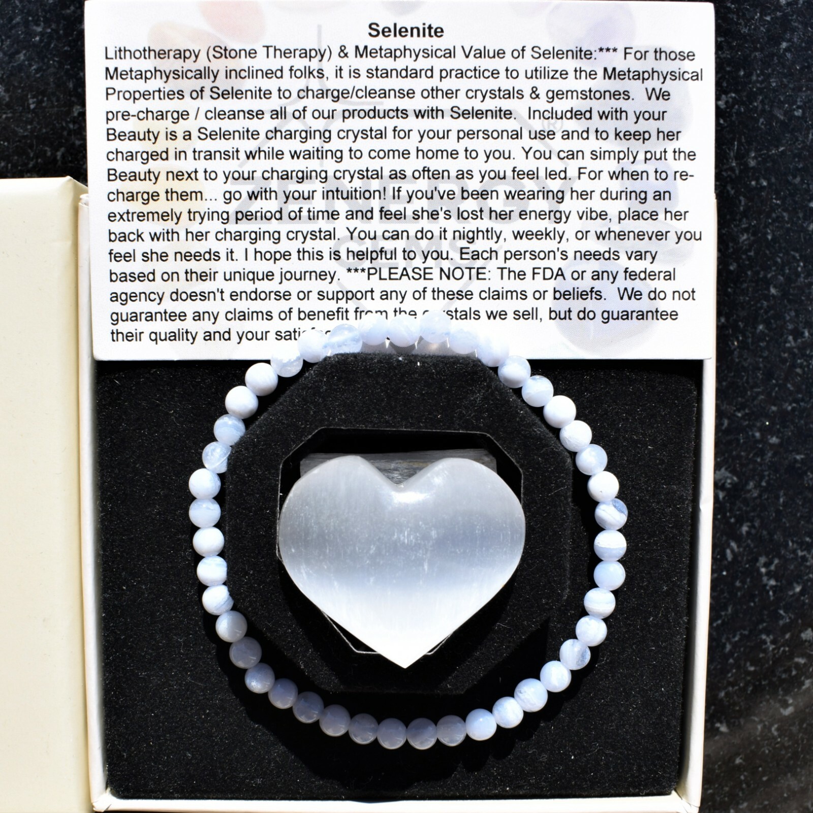 CHARGED Natural Blue Lace Agate Crystal 4mm Bracelet + Selenite Heart Charger