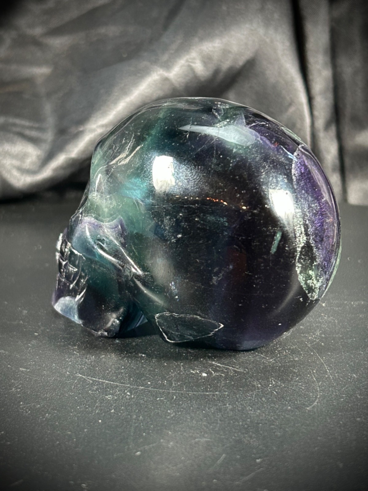 3.15″ Dark Blue, Green, & Purple Fluorite Skull 13.4oz (379 grams)